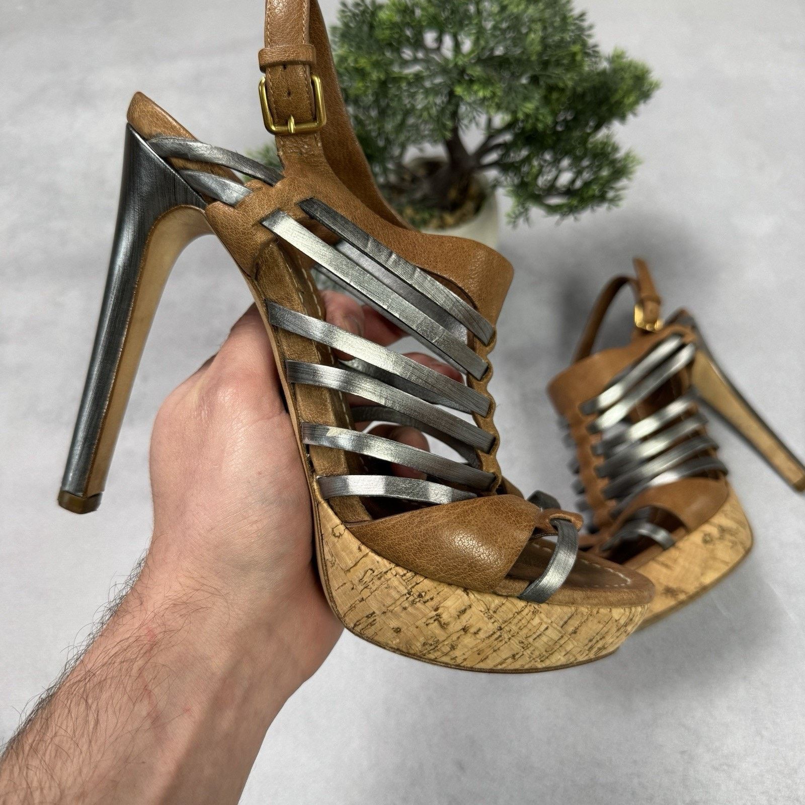 Miu Miu Miu Miu Platform Strappy Brown/ Silver Heels Sandals Size US 8.5 / IT 38.5 - 5 Thumbnail