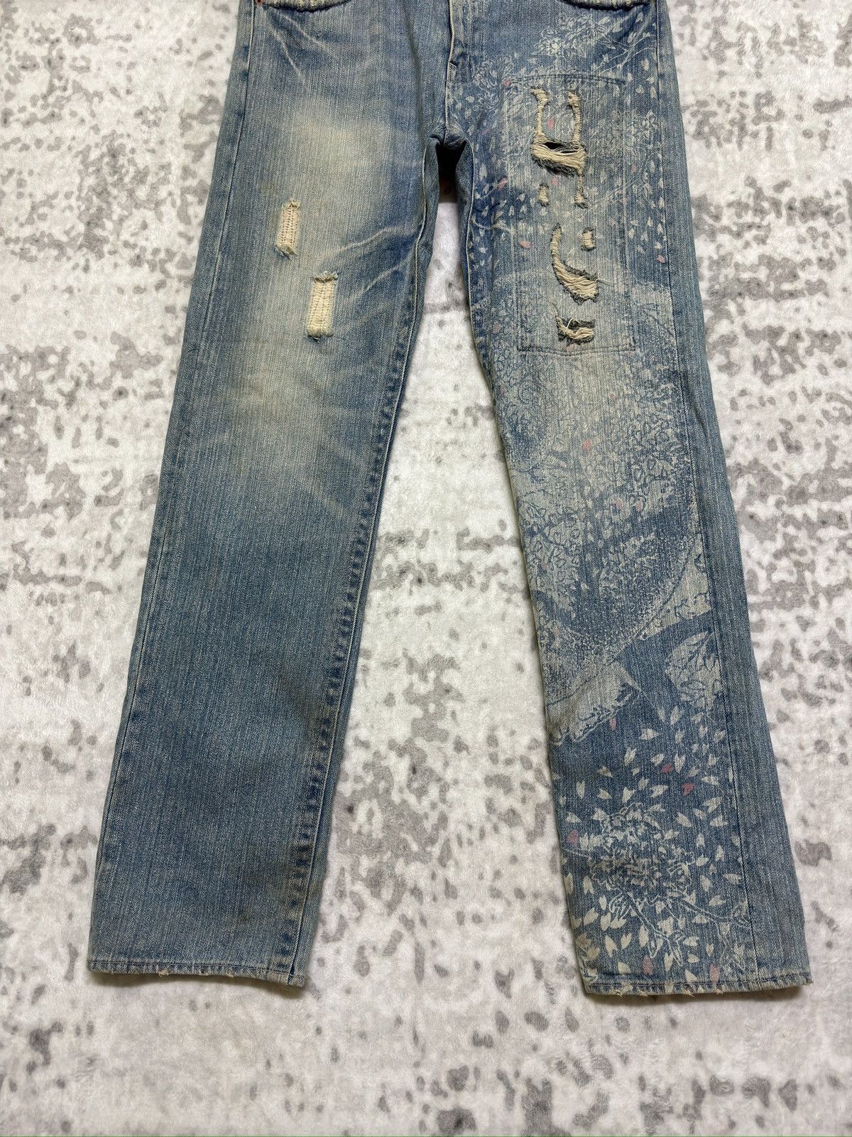 Hysteric Glamour Karakuri Tamashii Blue White Acid Wash Distressed Denim Size US 33 - 7 Thumbnail