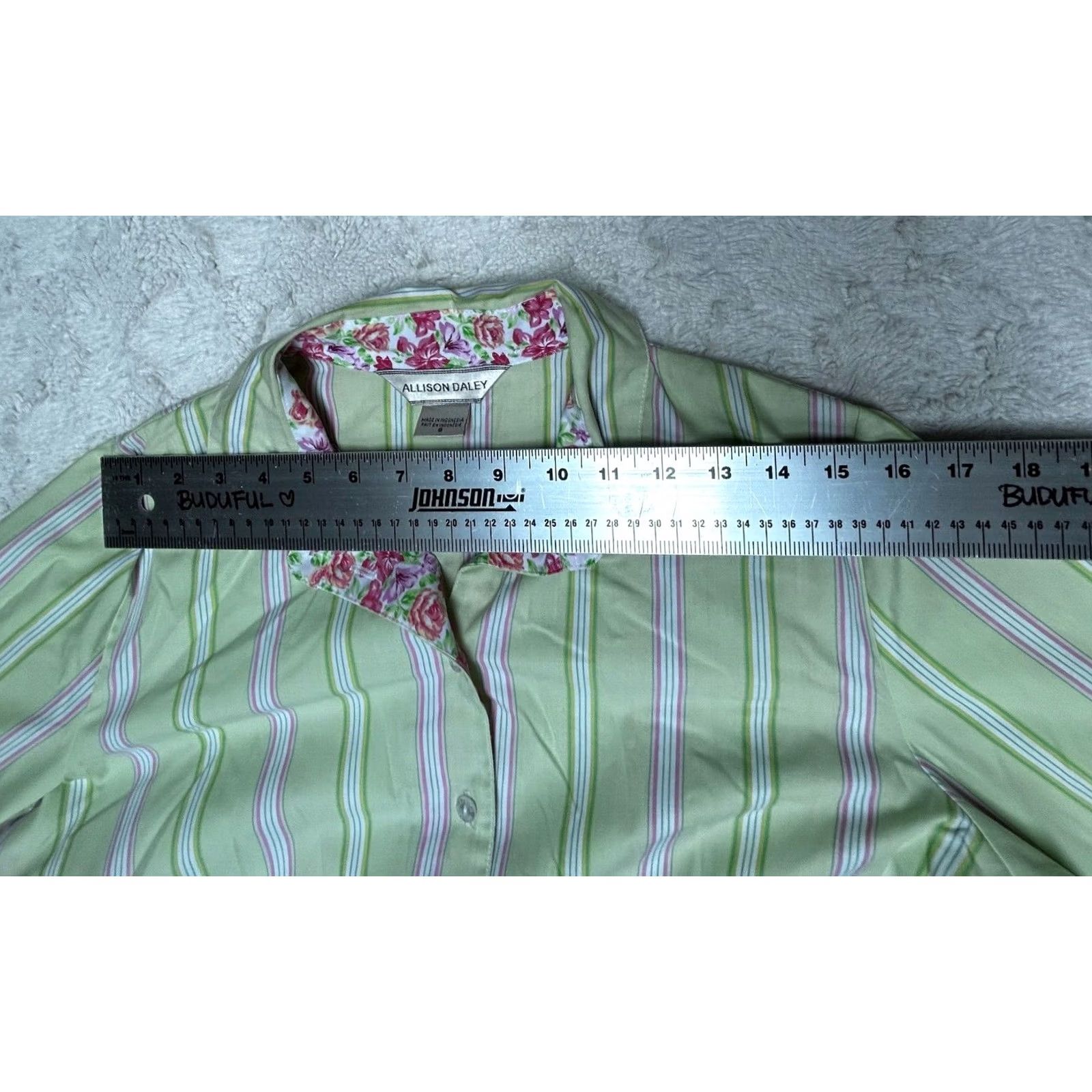 Vintage Allison Daley Women's Top Green Striped Button Down Shirt 3/4 Sleeve Size 8 Size M / US 6-8 / IT 42-44 - 5 Thumbnail