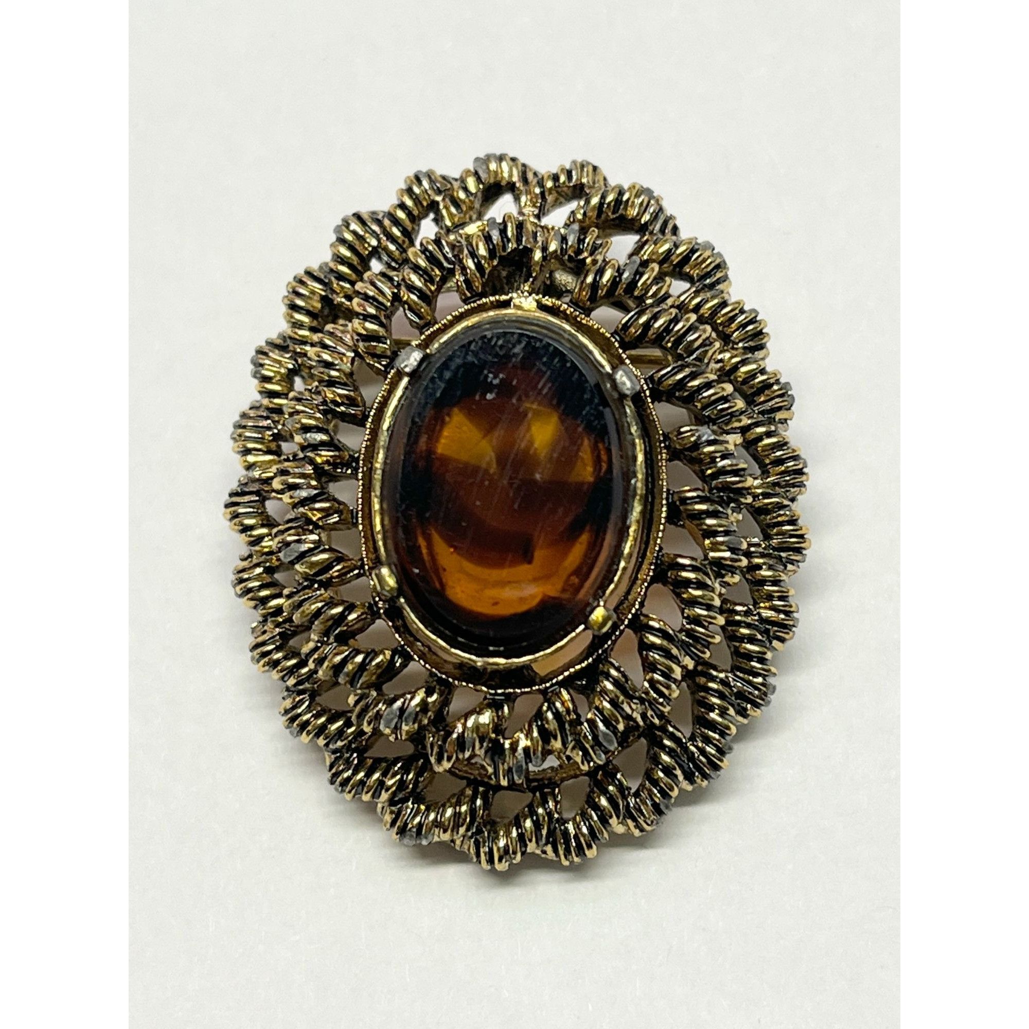 Vintage Brown Striated Glass Brooch Pin