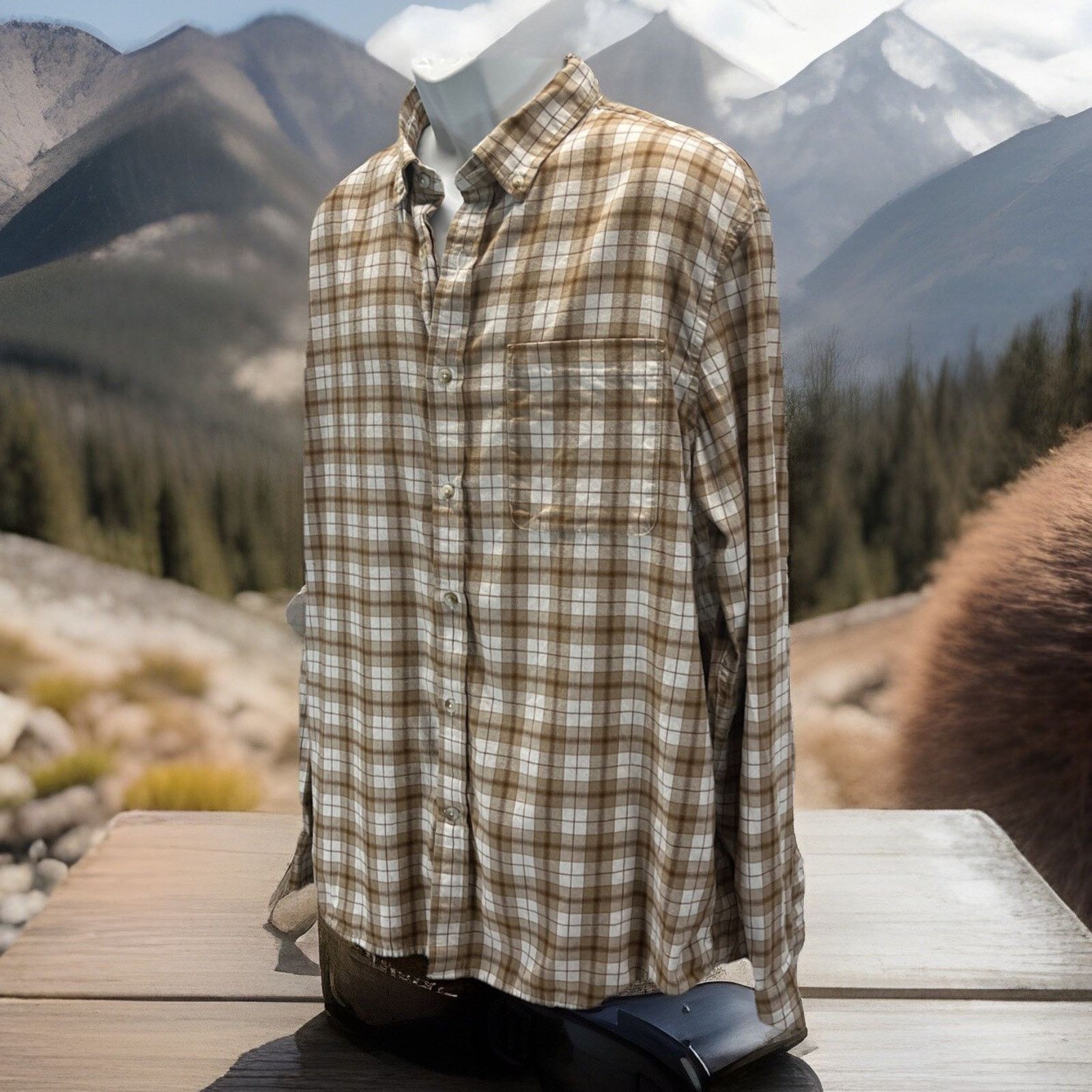 Banana Republic MENS BANANA REPUBLIC BROWN KHAKI MULTI PLAID SLIM SHIRT XL Size US XL / EU 56 / 4 - 2 Thumbnail