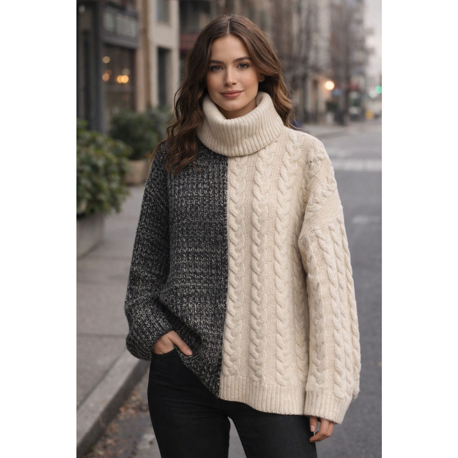 Other Parrish LA Amber Split Cable Knit Sweater - Snow/Graphite Size US M / EU 48-50 / 2 - 1 Thumbnail
