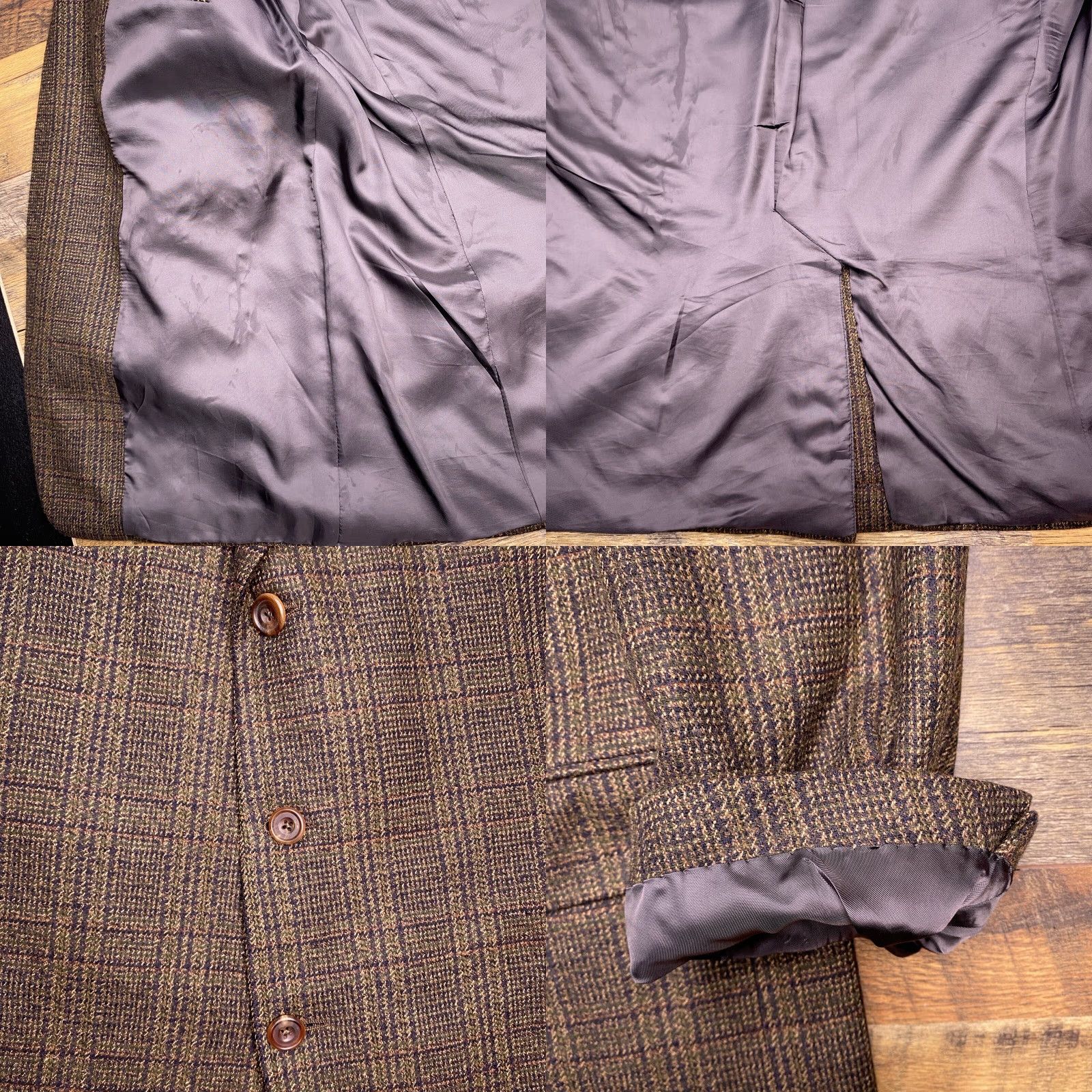 Vintage Hickey Freeman Blazer Sport Coat 45R Wool Tweed Plaid Brown Notch Single-Breasted Three-Button Mens Regular Vintage Brown Plaid Wool Blazer Size 48R - 8 Thumbnail