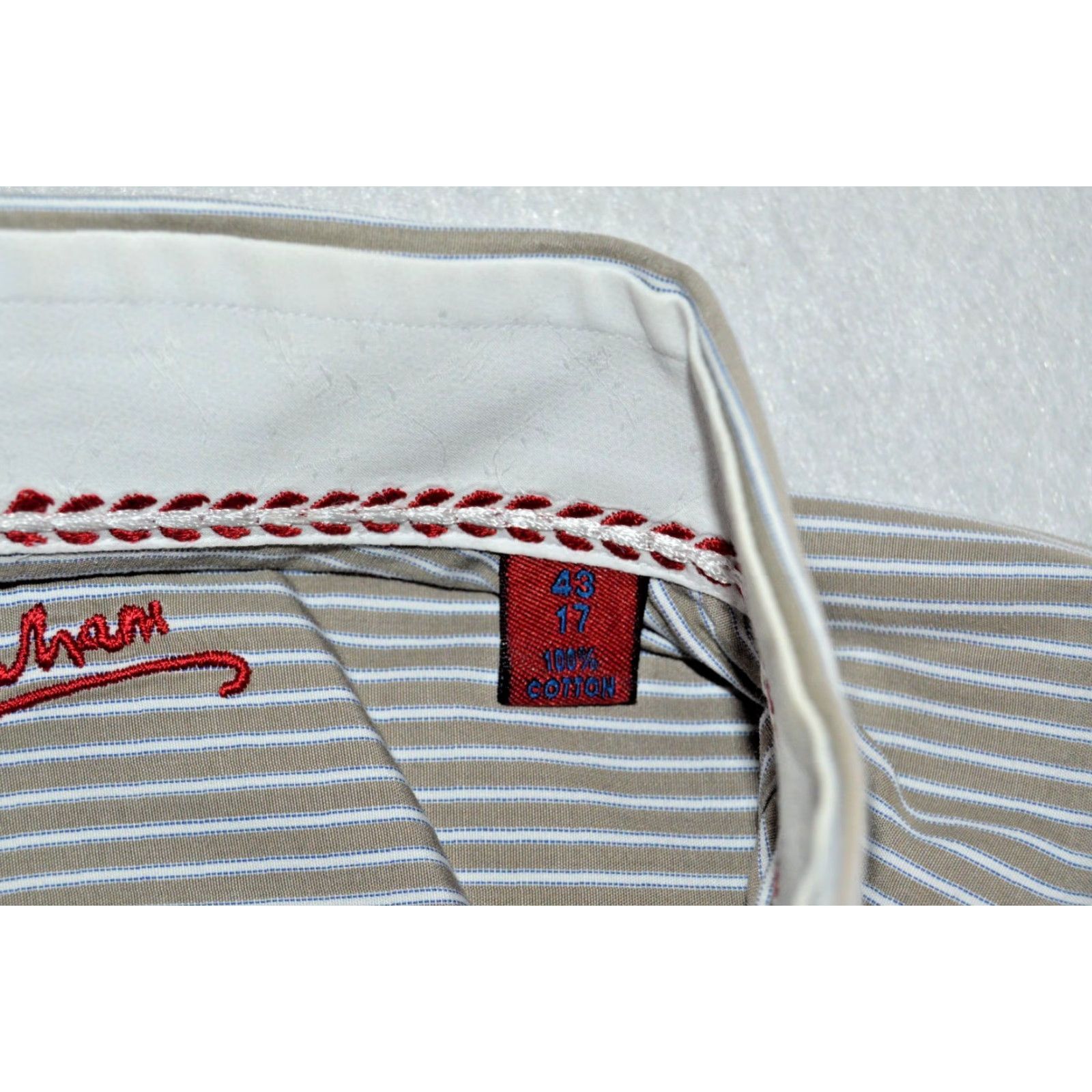 Robert Graham Robert Graham Shirt Mens 43/17 Khaki Stripe Embroidered Button-Up Long Sleeve Collared Beige Cotton Silk Vintage No Size US XL / EU 56 / 4 - 5 Thumbnail
