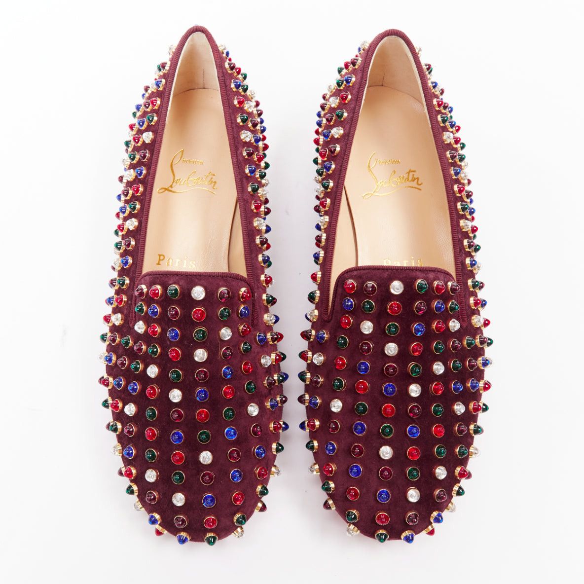 Christian Louboutin CHRISTIAN LOUBOUTIN burgundy suede jewel tone gripoix stone stud loafers EU36.5 Size US 6.5 / IT 36.5 - 1 Thumbnail