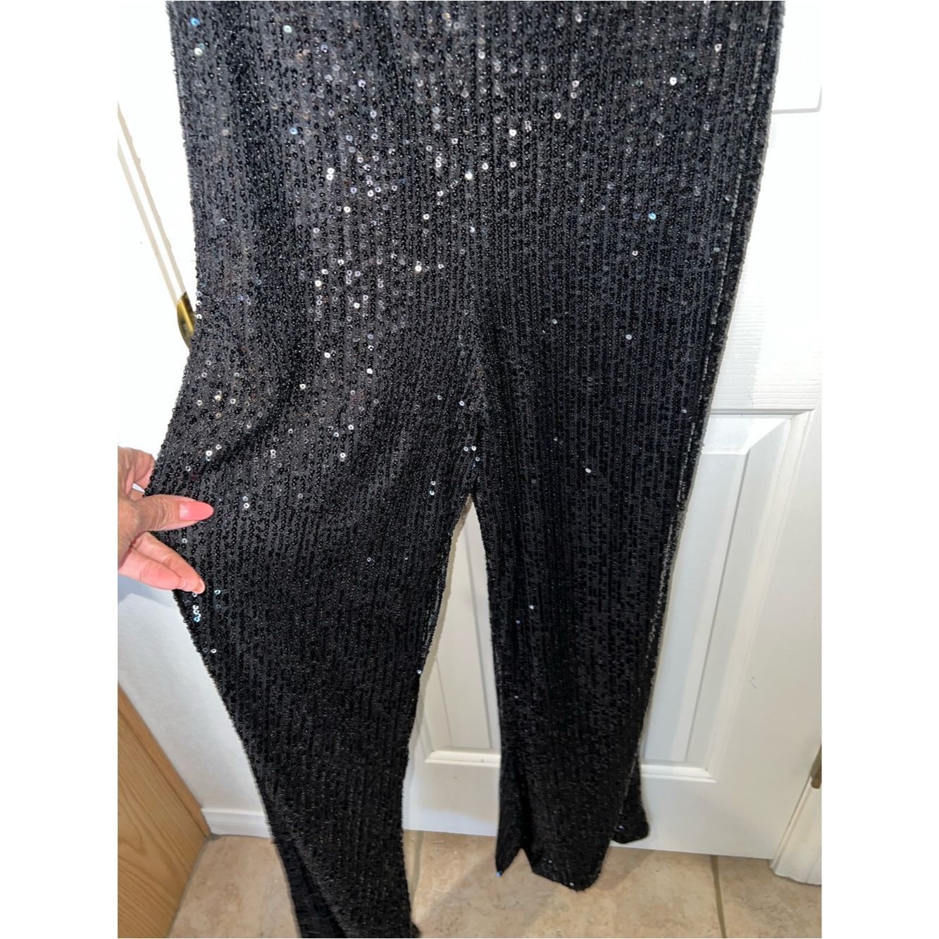 Mac Duggal Ieena for Mac Duggal 11273 Black Sequin Wide Leg Jumpsuit G Size 28" / US 6 / IT 42 - 5 Thumbnail