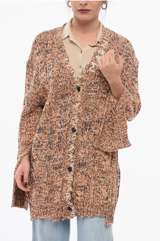 Cable Knit Wool Blend MOULINÈ Cardigan with Distressed Detai