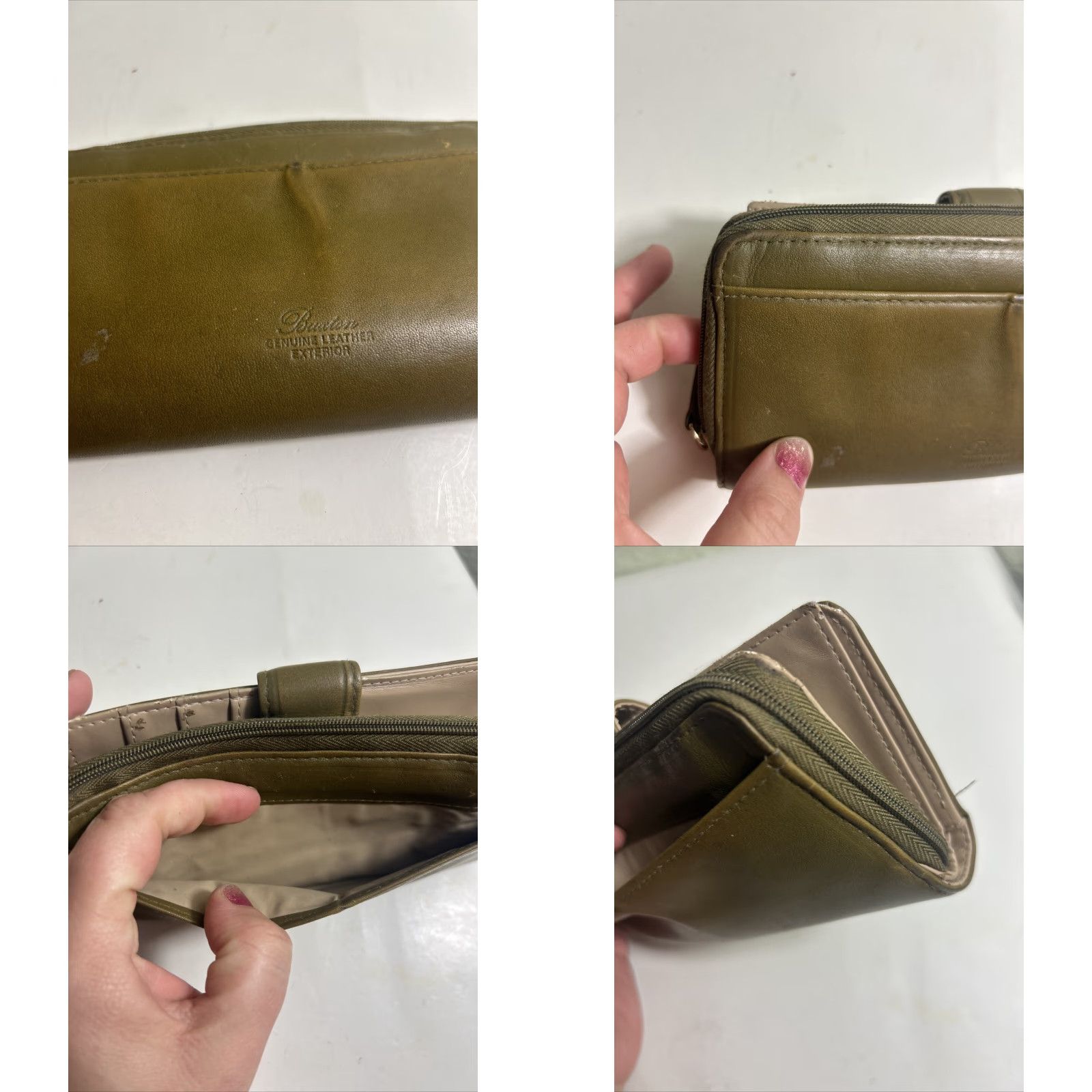 Vintage VINTAGE Buxton Bifold Wallet Leather Olive Green Men 7x3.5 Distressed Marks Coin Pocket Zipper Missing Size ONE SIZE - 8 Thumbnail