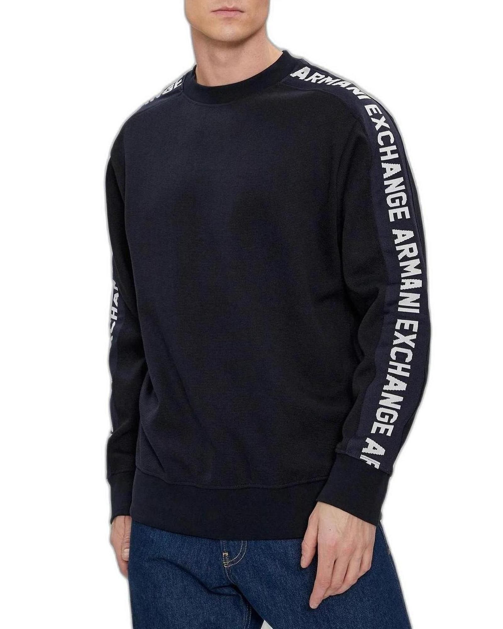 image of Armani Exchange Printed Round Neck Cotton Blend Sweatshirt in Blue, Men's (Size Small)