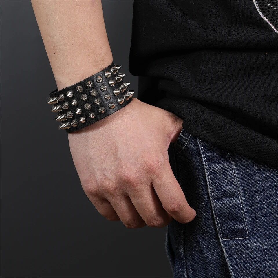 Designer × Leather Cuspidal Spikes Rivet Stud Leather Punk Gothic Bracelet🔥🔥🔥 Size ONE SIZE - 1 Thumbnail