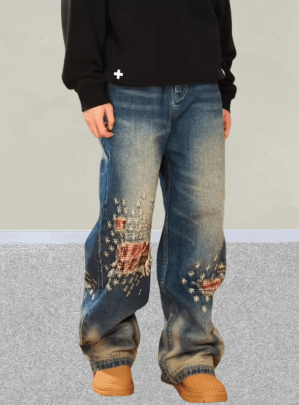 Japanese Brand Streetwear Plaid Patchwork Baggy Stacked Jeans Size US 30 / EU 46 - 3 Thumbnail
