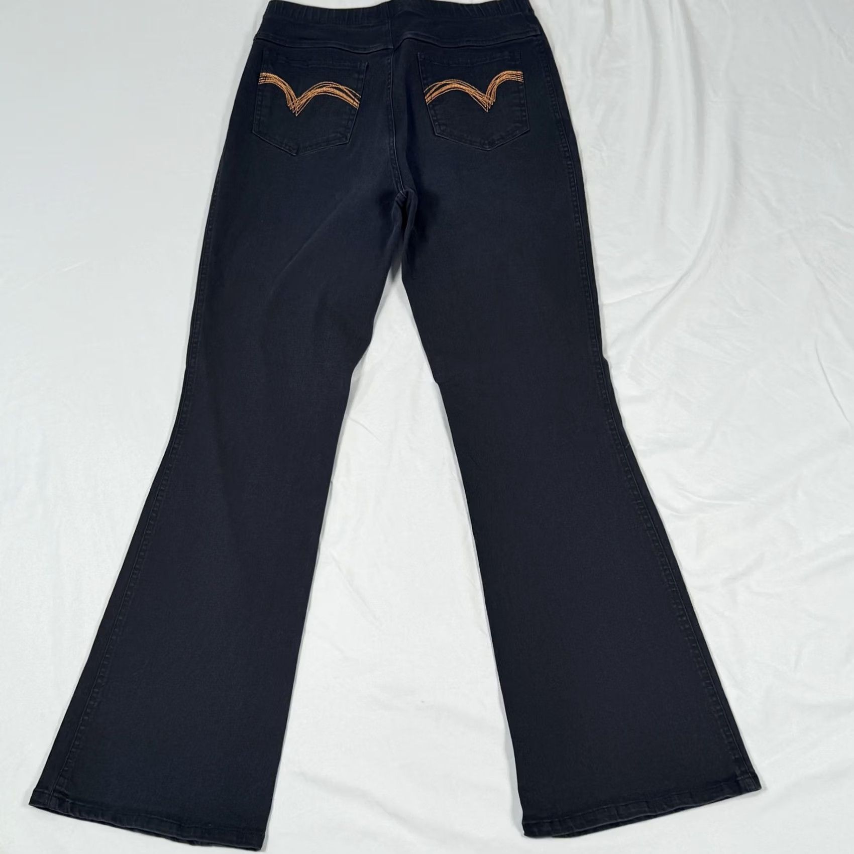 Vintage Metrostyle Pants Medium Black Stretch Pull On Bootcut Flare Jeans Embroidered Womens Denim Knit Elastic Waist Pockets Embroidery Size 32" / US 10 / IT 46 - 3 Thumbnail