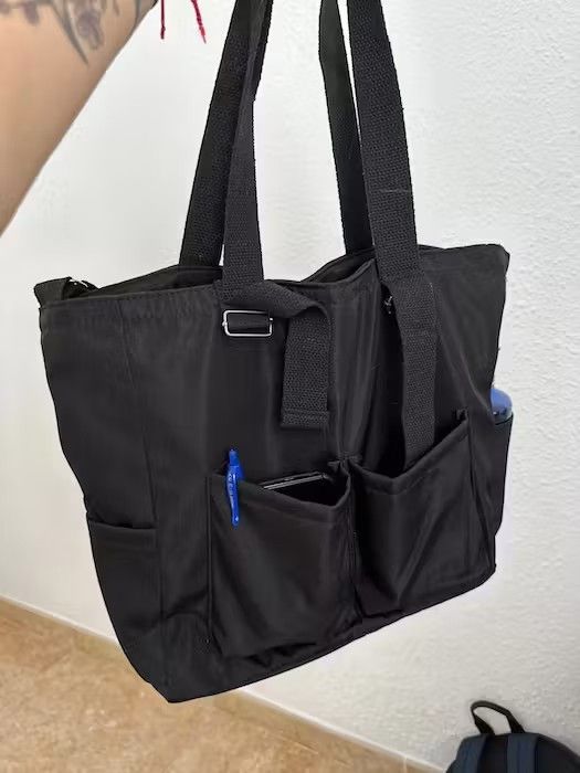 Japanese Brand Black Color Simple Fashion Nylon Tote Bag Size ONE SIZE - 3 Thumbnail