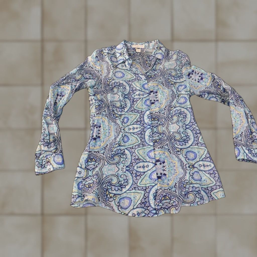 Coldwater Creek Coldwater Creek Womens Button-Up Tunic Top XS Blue Geometric Cotton Woven Classic Breather casual Regular Fits Girls, etc Size XS / US 0-2 / IT 36-38 - 1 Thumbnail