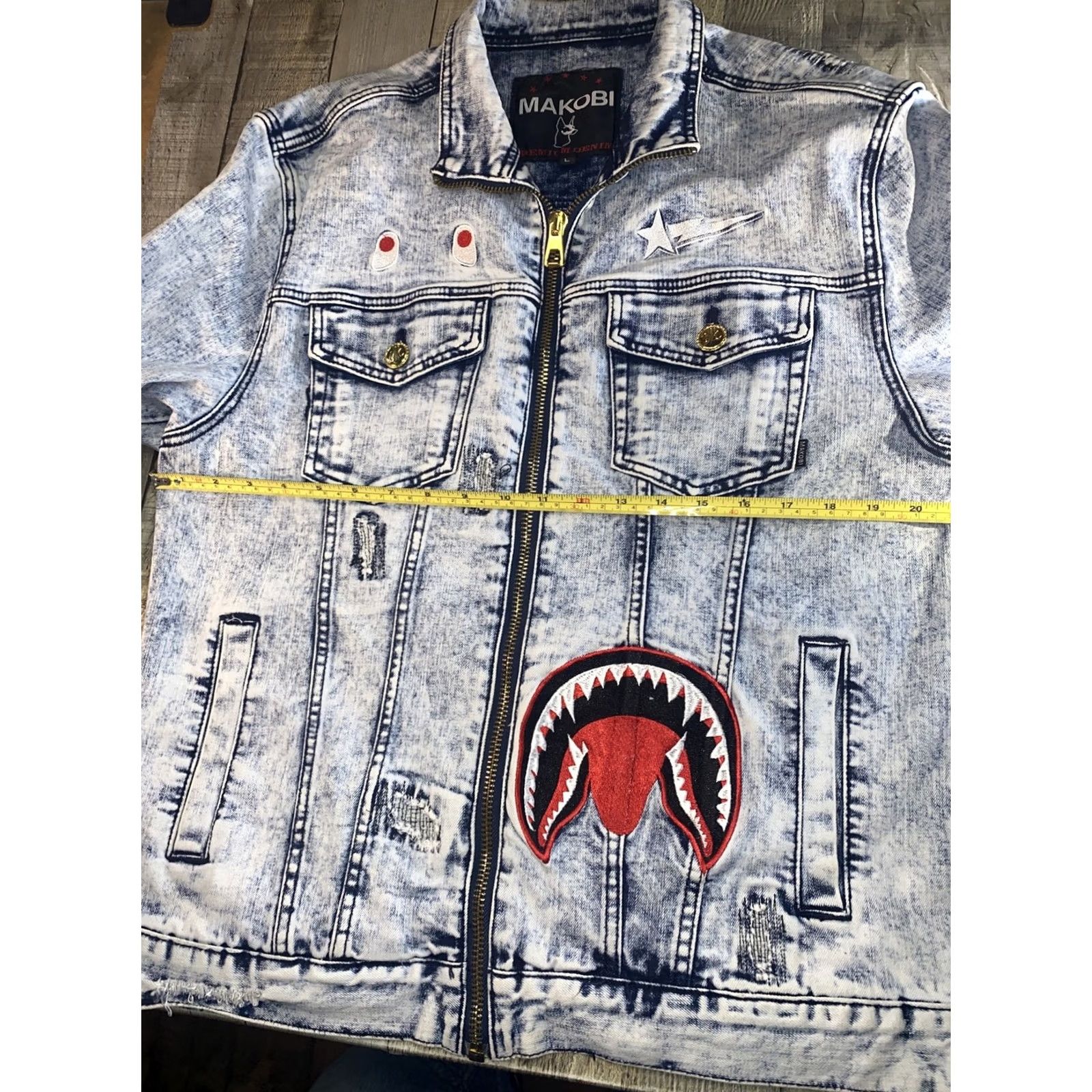 Vintage Makobi Jean Jacket L Destress Patches Men’s Denim Blue Jacket Regular Size Large Mens Jeans Size US 33 - 6 Thumbnail