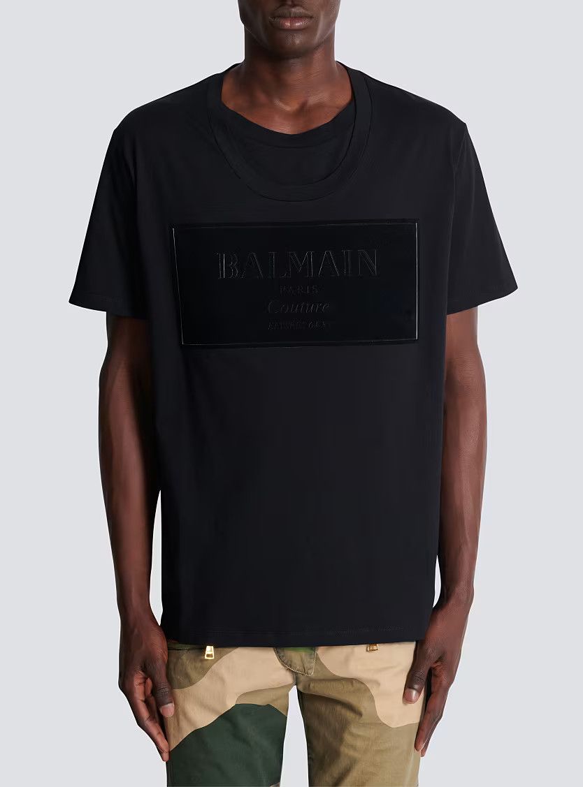 Balmain o1s1wg110126 Big Couture Label Flock T-Shirt in Black Size US L / EU 52-54 / 3 - 4 Thumbnail