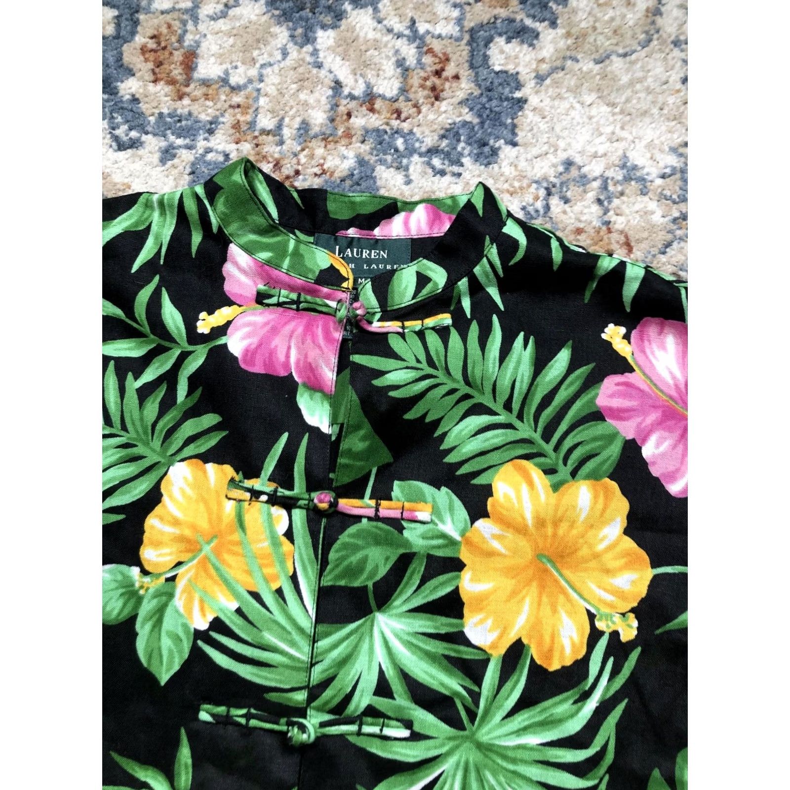 Ralph Lauren Lauren Ralph Lauren Jacket Womens Medium Black Linen Floral Hawaiian Tunic Top Size M / US 6-8 / IT 42-44 - 6 Thumbnail