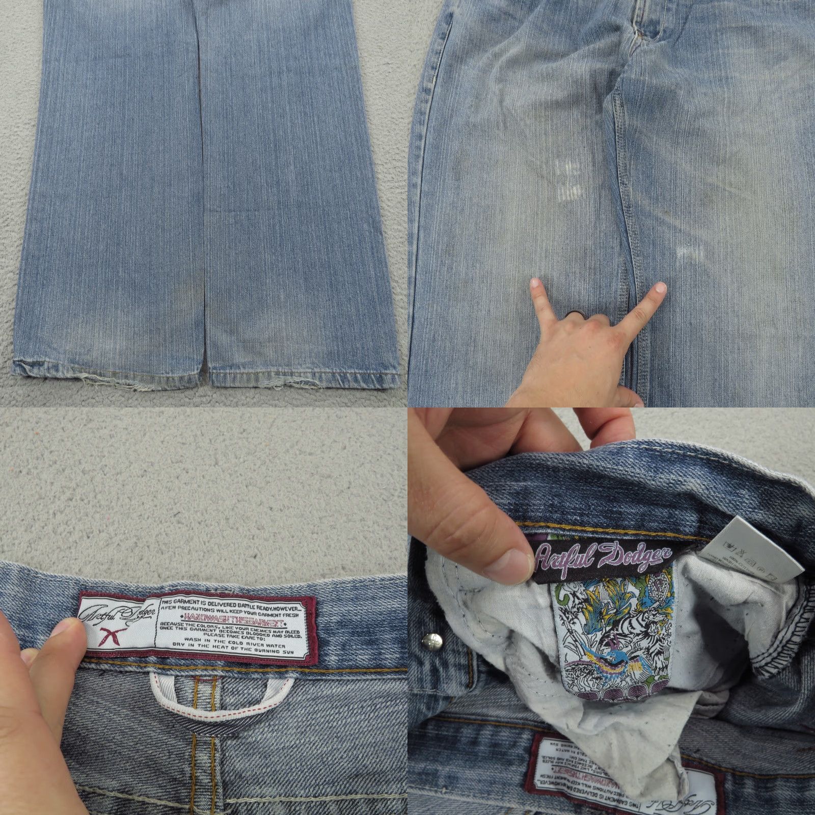 Vintage VINTAGE Artful Dodger Jeans Mens 38 Baggy Grunge Skater Embroidered 10 Leg Opening Pipes Denim 5-Pocket Design Blue Cotton Size US 38 / EU 54 - 8 Thumbnail