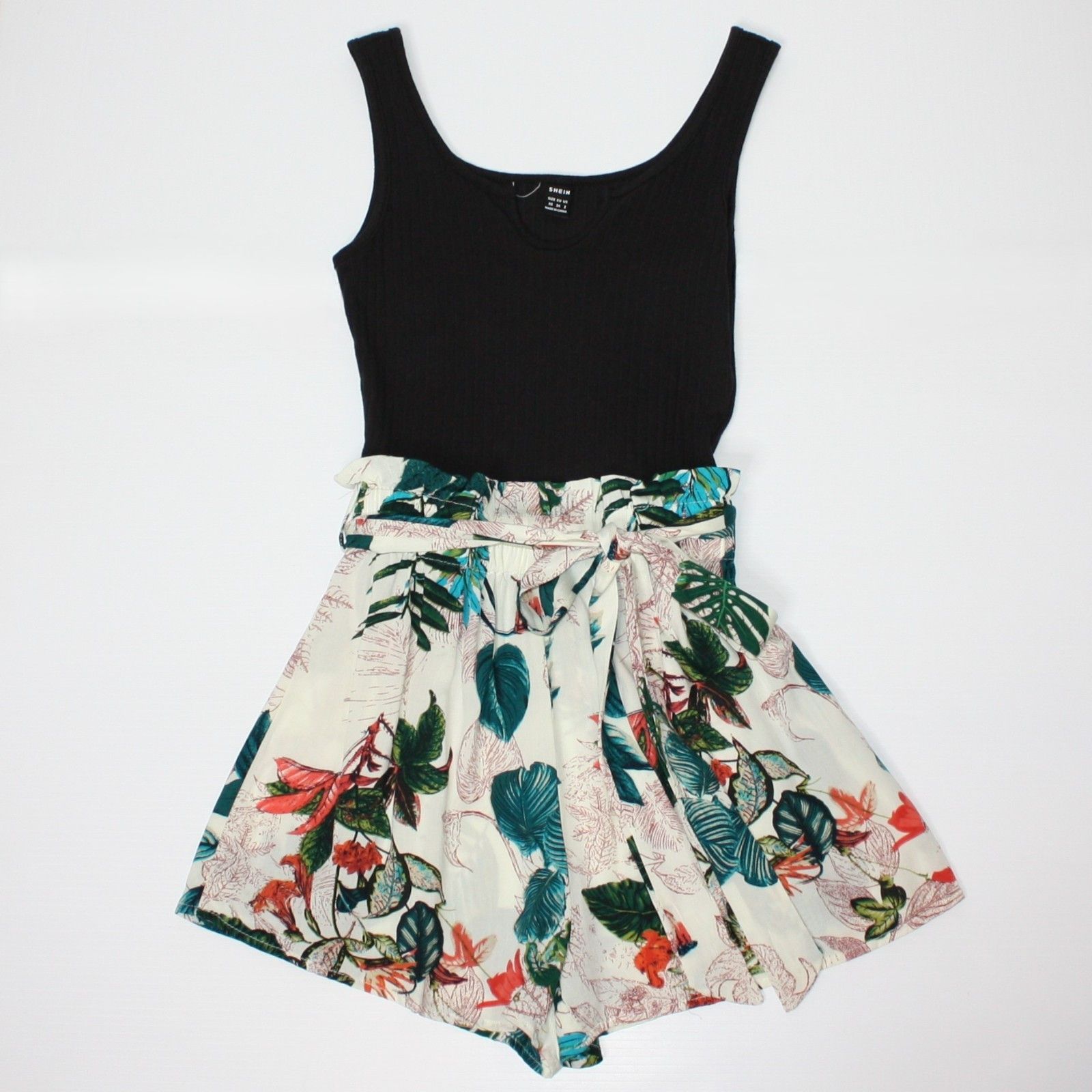 Shein Vcay Tropical Print Paper Bag Waist Belted Tank Romper XS Size 26" / US 2 / IT 38 - 9 Thumbnail