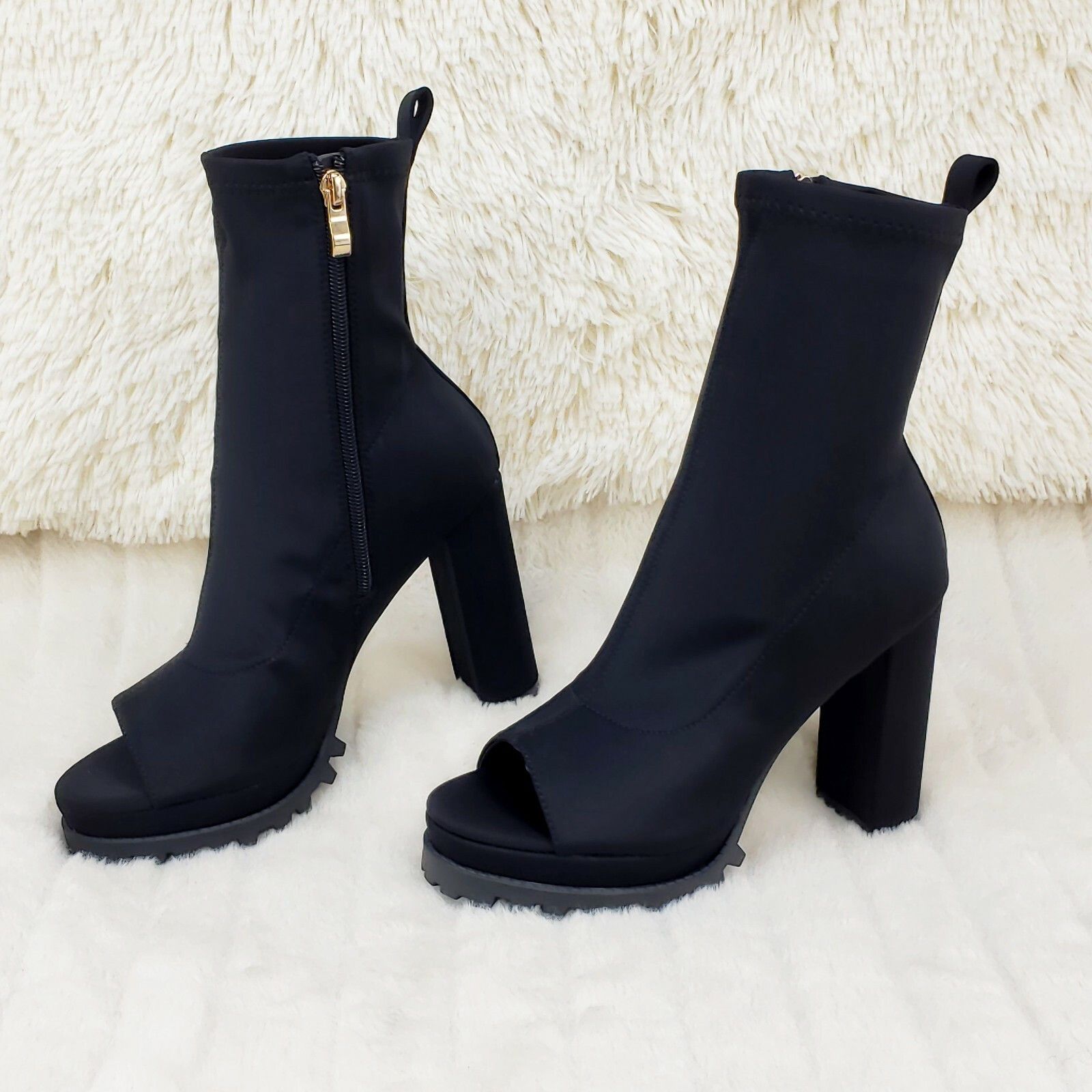 Other Natalie Black Chunky Heel Stretch Open Toe Lug Sole Ankle Bo Size US 7.5 / IT 37.5 - 1 Thumbnail