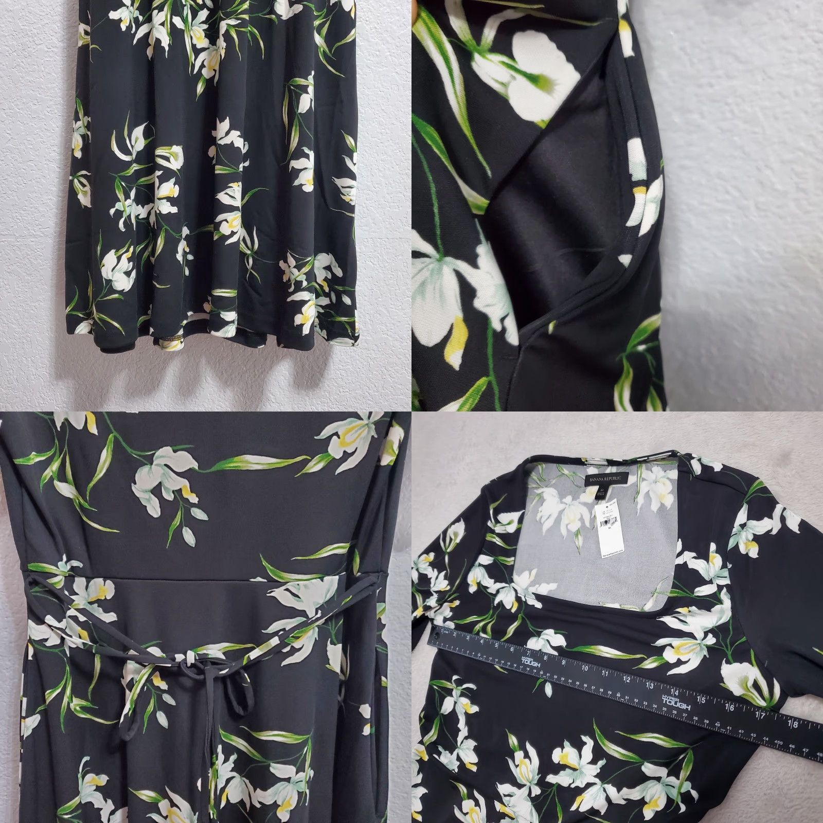 Banana Republic Banana Republic Midi Dress Women M Black Floral Tie Waist Stretch Pockets Size M / US 6-8 / IT 42-44 - 8 Thumbnail