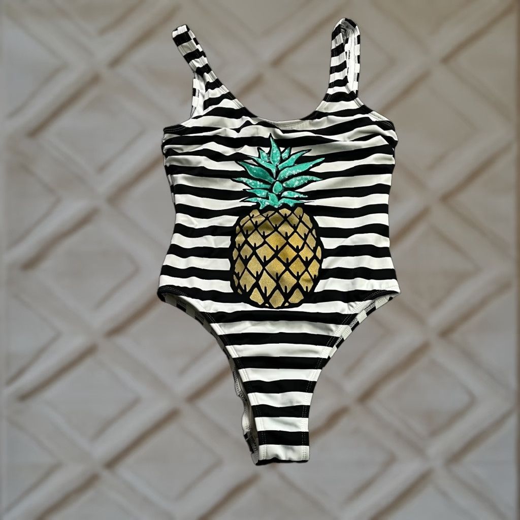 Vintage No Boundaries One Piece Swimsuit Womens M Striped Pineapple Beaded Beach, Multi, Sleeveless, 90s Beach Vibe? Size ONE SIZE - 1 Thumbnail