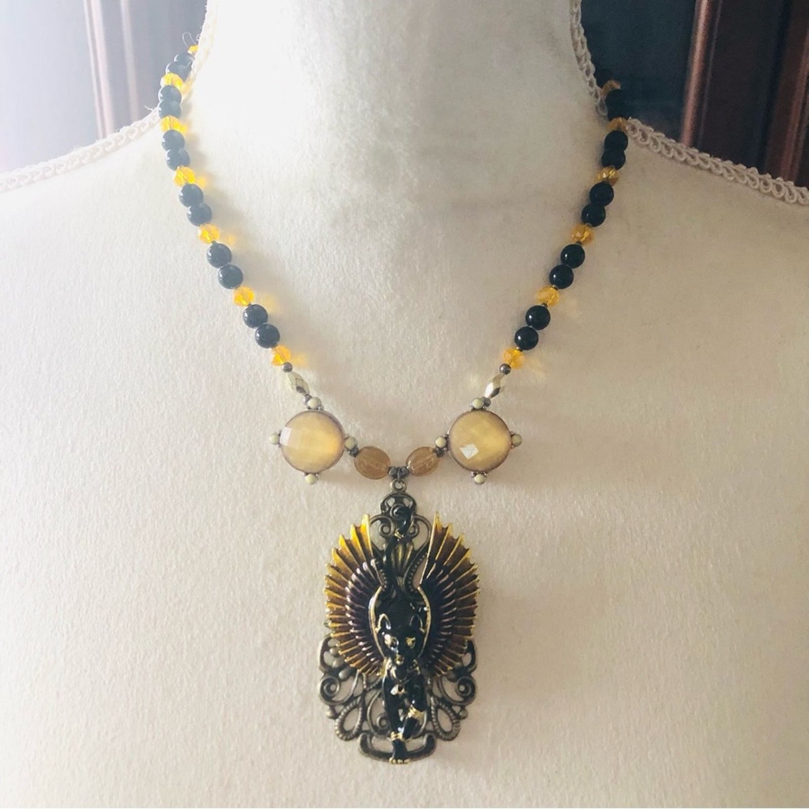 Handmade Handcrafted repurpose enamel Egyptian cat Pearl necklace Size ONE SIZE - 2 Thumbnail
