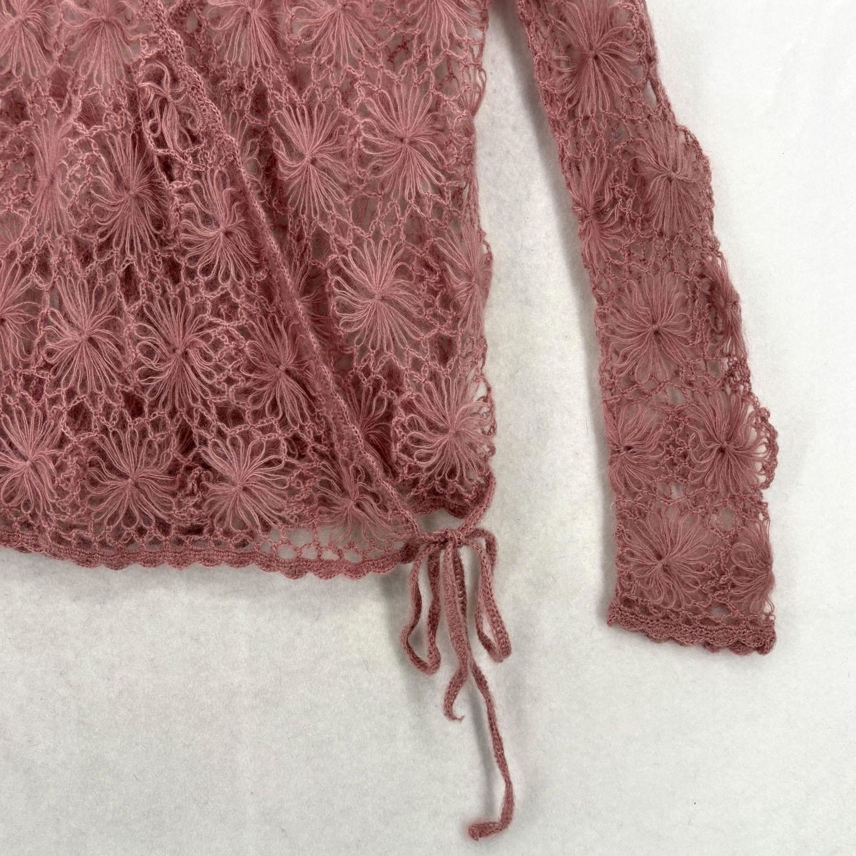 Lord & Taylor LORD & TAYLOR Wrap Sweater Womens L Pink Mohair Crochet Floral NWT Fashion Knit Open-Knit V-Neck Belted Picot NWT Size L / US 10 / IT 46 - 3 Thumbnail