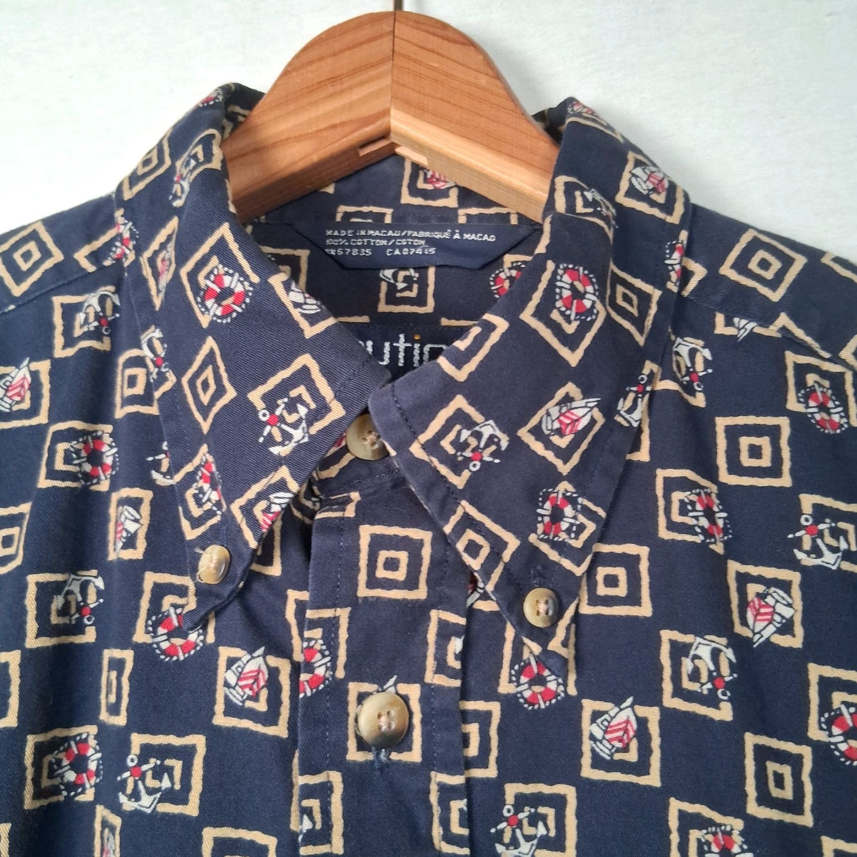 Nautica VINTAGE Nautica Button-Down Shirt Geometric Pattern, Blue, Cotton, Long Sleeve, Mens M, 1990s, Nautical Sailboat Theme Size US M / EU 48-50 / 2 - 2 Thumbnail