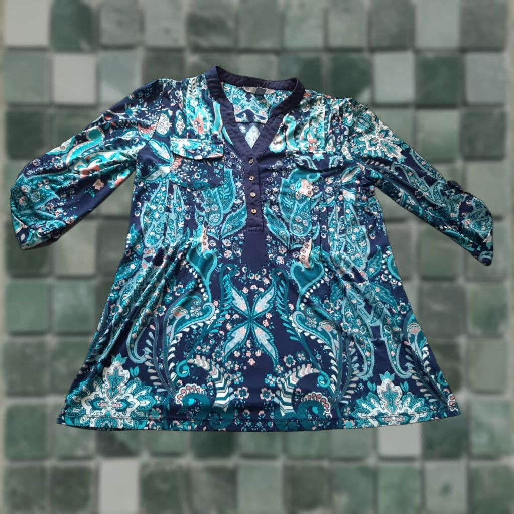 Vintage By Design Studio 3/4 Sleeve Floral Shirt Blue Top Womens Large L Size L / US 10 / IT 46 - 1 Thumbnail
