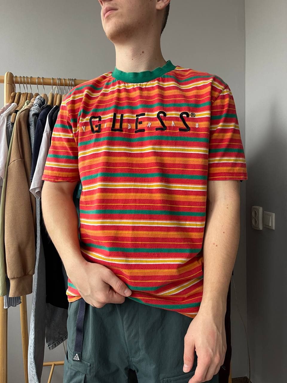 Guess × J Balvin × Vintage GUESS x J Balvin T-Shirt Orange Green Stripe Embroidered Size US S / EU 44-46 / 1 - 1 Thumbnail