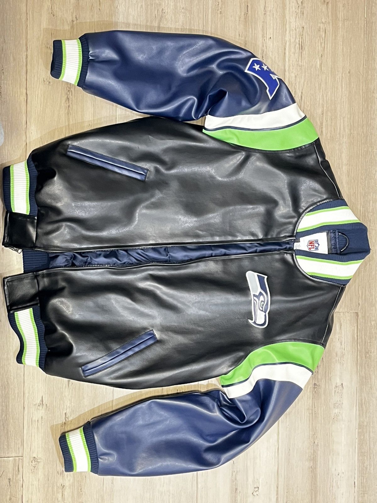 image of Seahawks Leather Jacket in Navy, Men's (Size Medium)