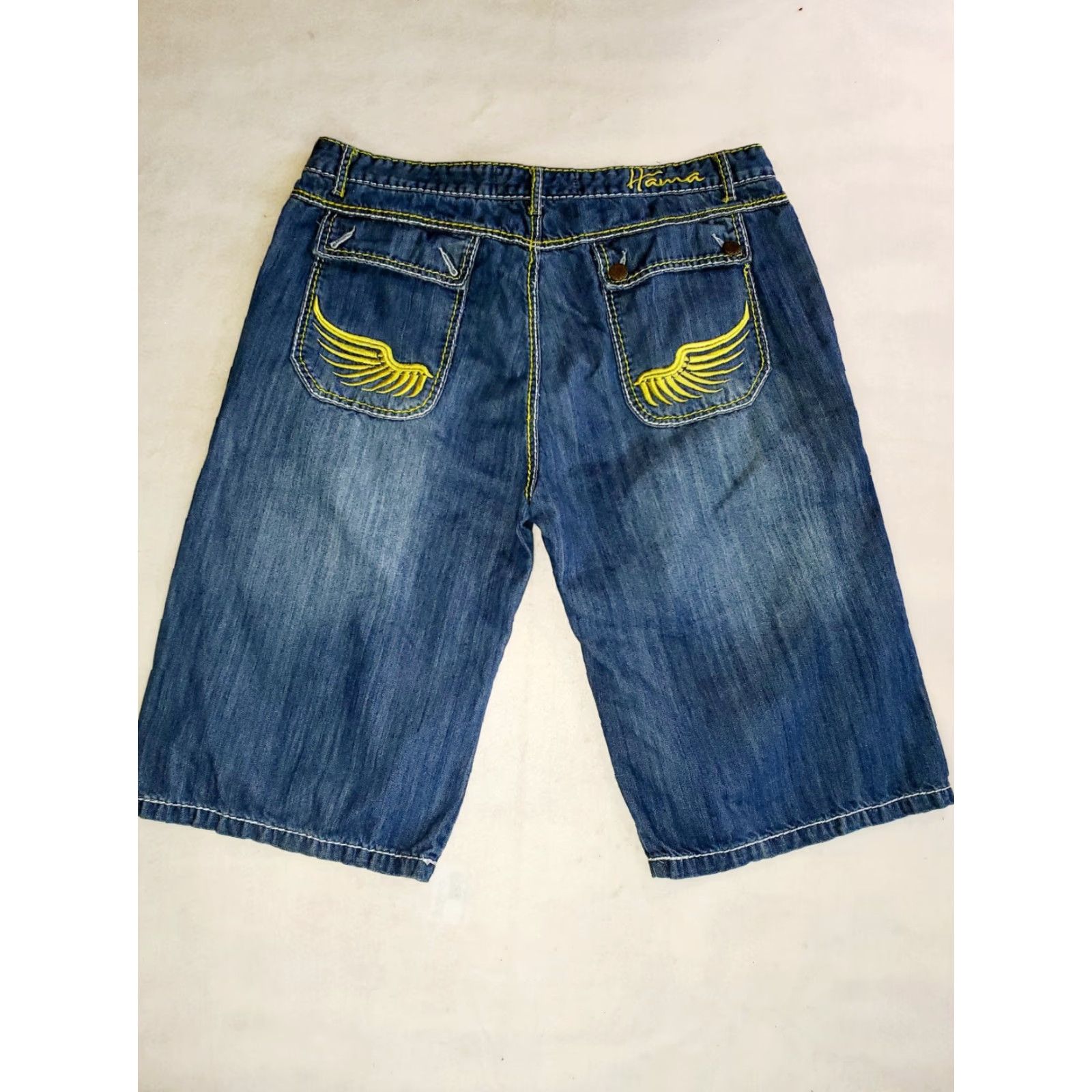 Denime VINTAGE 90s Oversized HANA Denim Jean Shorts Mens 38/16 Blue Denim Embroidered 90s Theme Jeans Short cutoff Size US 38 / EU 54 - 4 Thumbnail