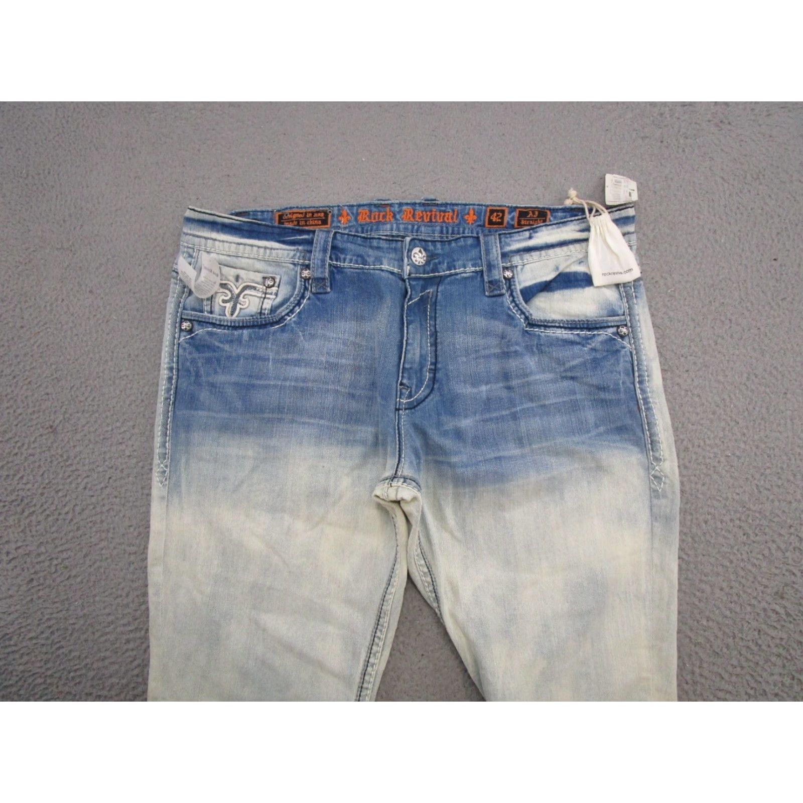 Vintage Rock Revival AJ Straight Leg Jeans 42x33 Denim 2 Tone Blue Men’s Regular Fit 5-Pocket Logo Embroidered Denim Jeans Rock Revival Men Size US 42 / EU 58 - 4 Thumbnail