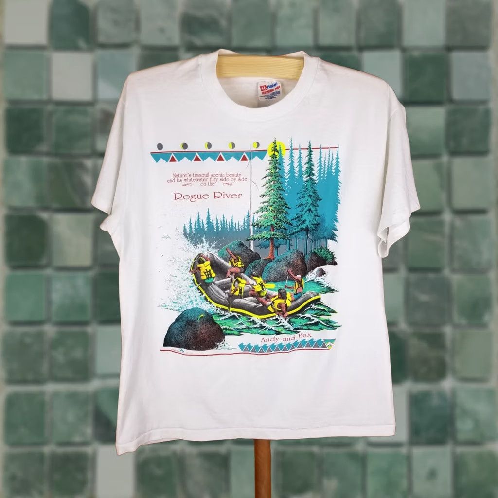 Hanes VINTAGE 90' ROUGE RIVER OREGON RAFTING SINGLE STITCH WHITE HANES T-SHIRT SZ L Size US L / EU 52-54 / 3 - 1 Thumbnail