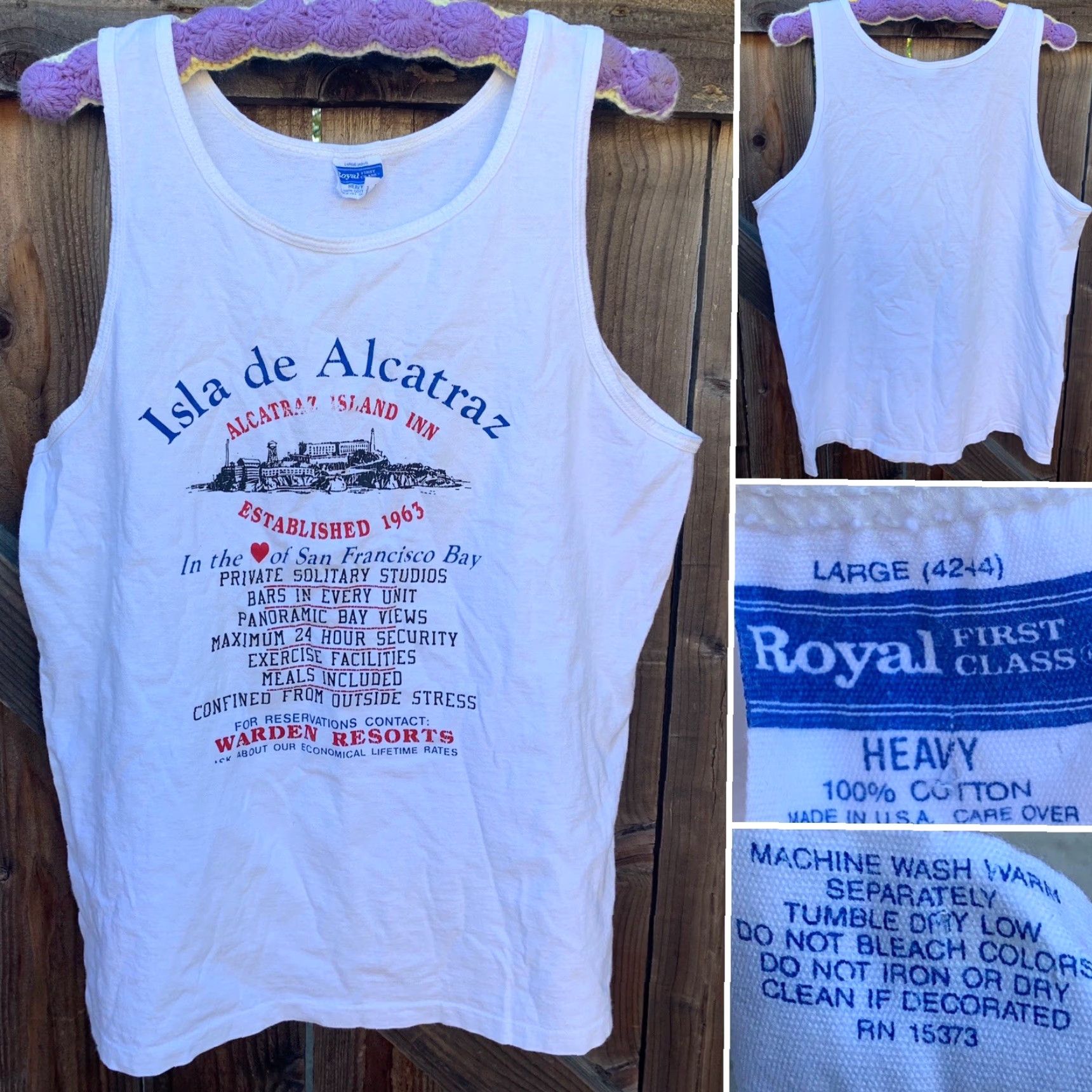 Vintage VINTAGE Alcatraz Island Inn Warden Reaorts Tank Top Single Stitch L Made In USA Men Tank Top 1980s White 100% Cotton Graphic USA Adventure Size US L / EU 52-54 / 3 - 4 Thumbnail