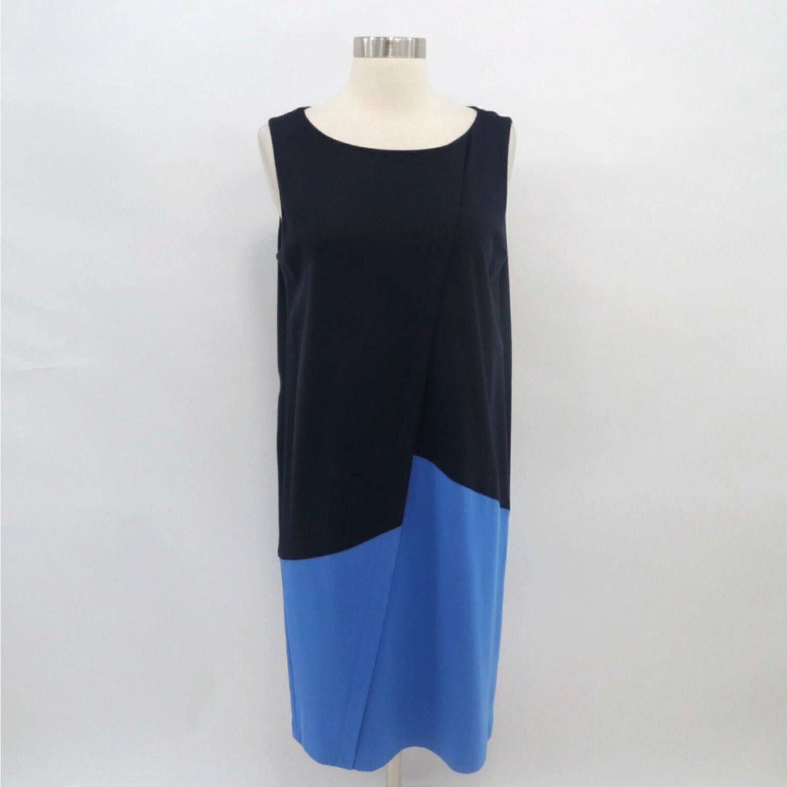 image of Vintage Lafayette 148 Shift Dress M Medium Sleeveless Asymmetric Color Block Blue Navy in White, Wo