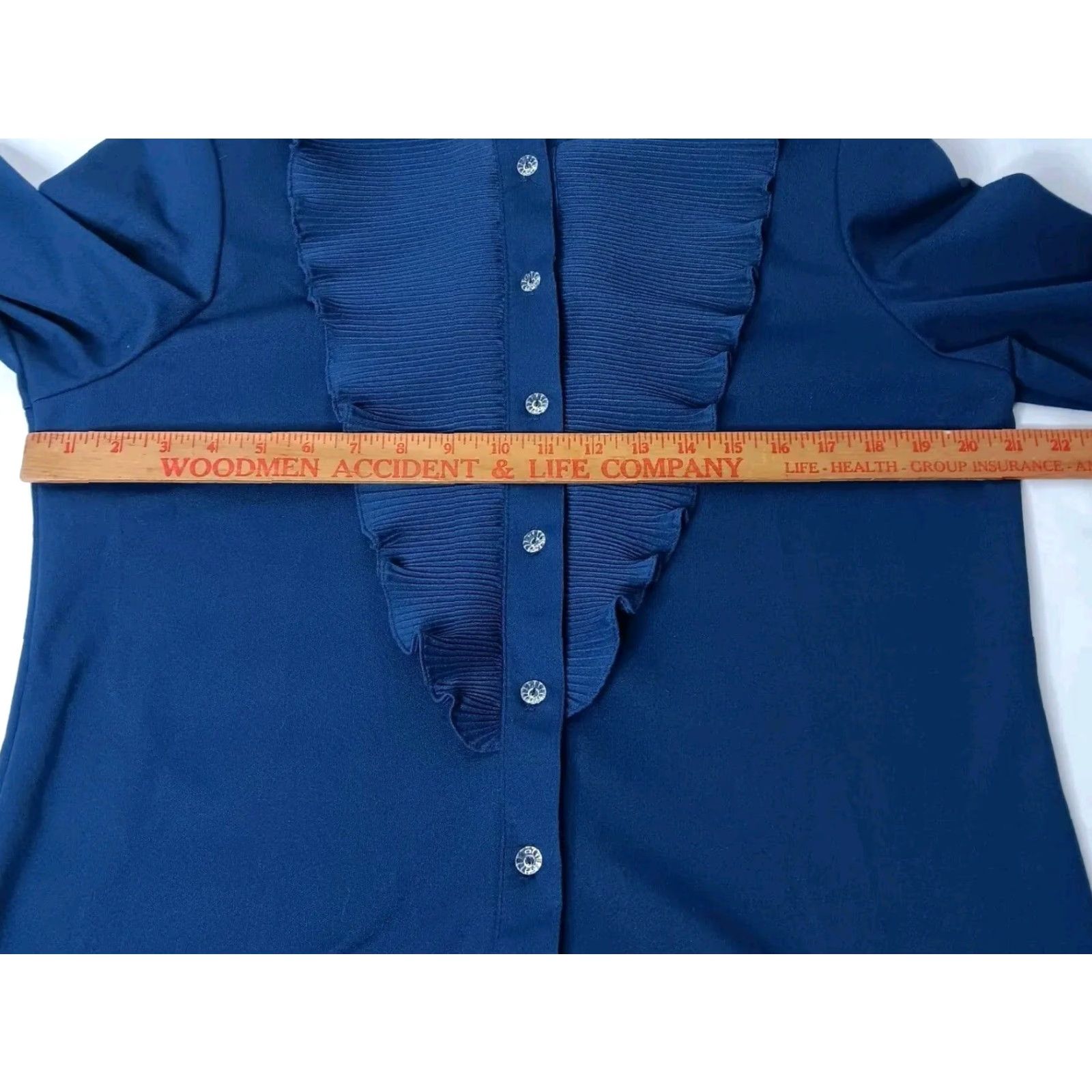 Blair VINTAGE Blair Petite Blouse Button-Up Navy Blue 16P Long Sleeve Ruffle Stretch Polyester Woman/Womens Shirt Button-Up Casual Dressy Size XXL / US 16-18 / IT 52-54 - 3 Thumbnail