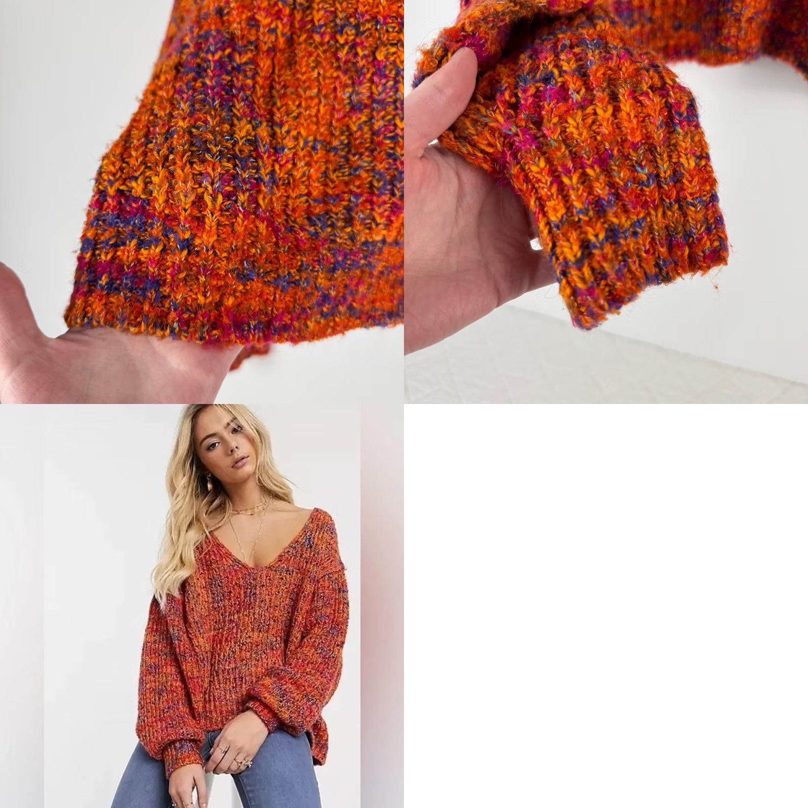 Free People Free People Highland V-Neck Sweater Orange Multi Space Dye Chunky Knit XS Size XS / US 0-2 / IT 36-38 - 10 Thumbnail