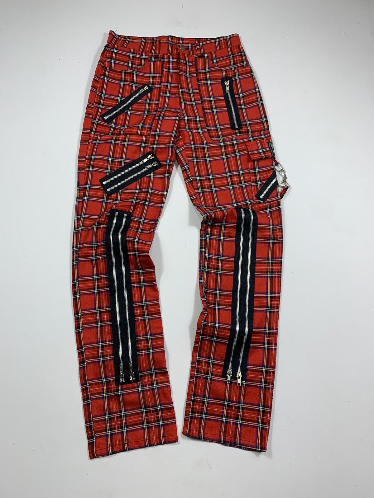 image of Beauty Beast x If Six Was Nine Punk Plaid Tartan Tiger Multi Ziper Bondage Pants in Red Tartan (Siz
