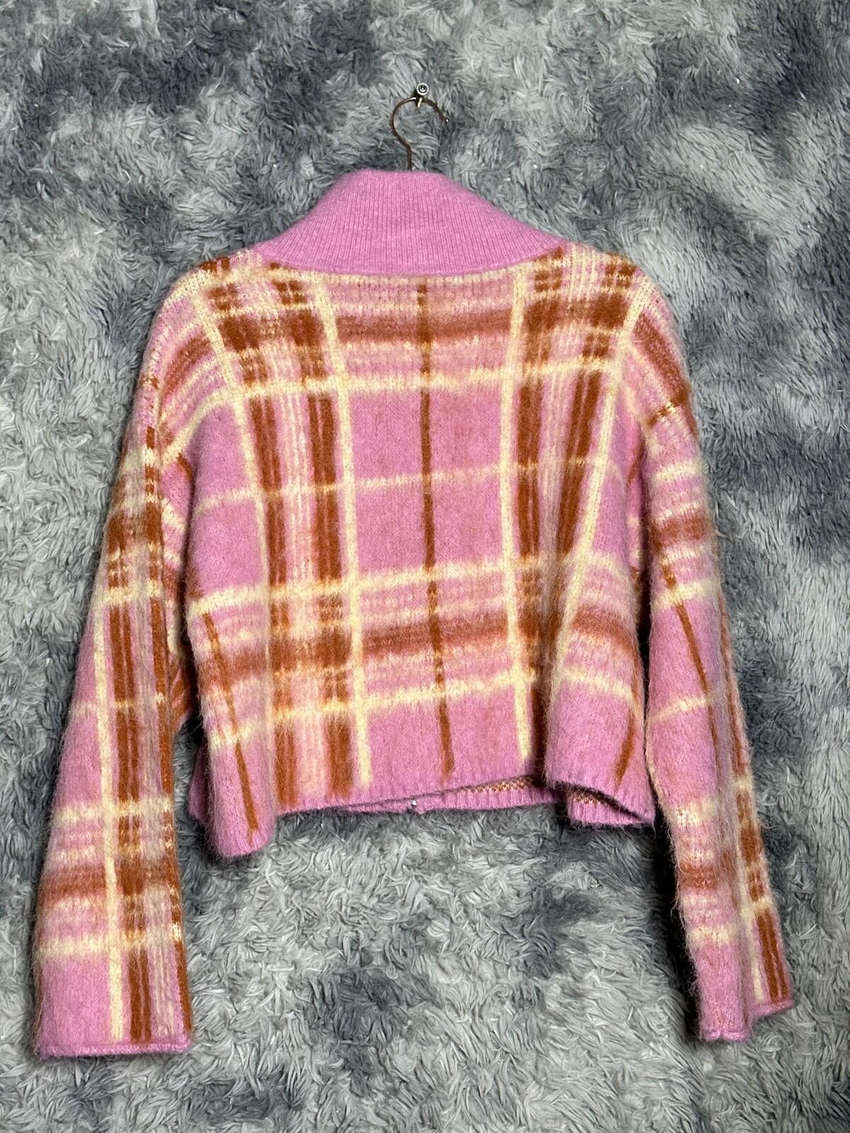 Unknown London Pink and Brown Plaid Zip-Up Cropped Sweater Size S / US 4 / IT 40 - 2 Thumbnail