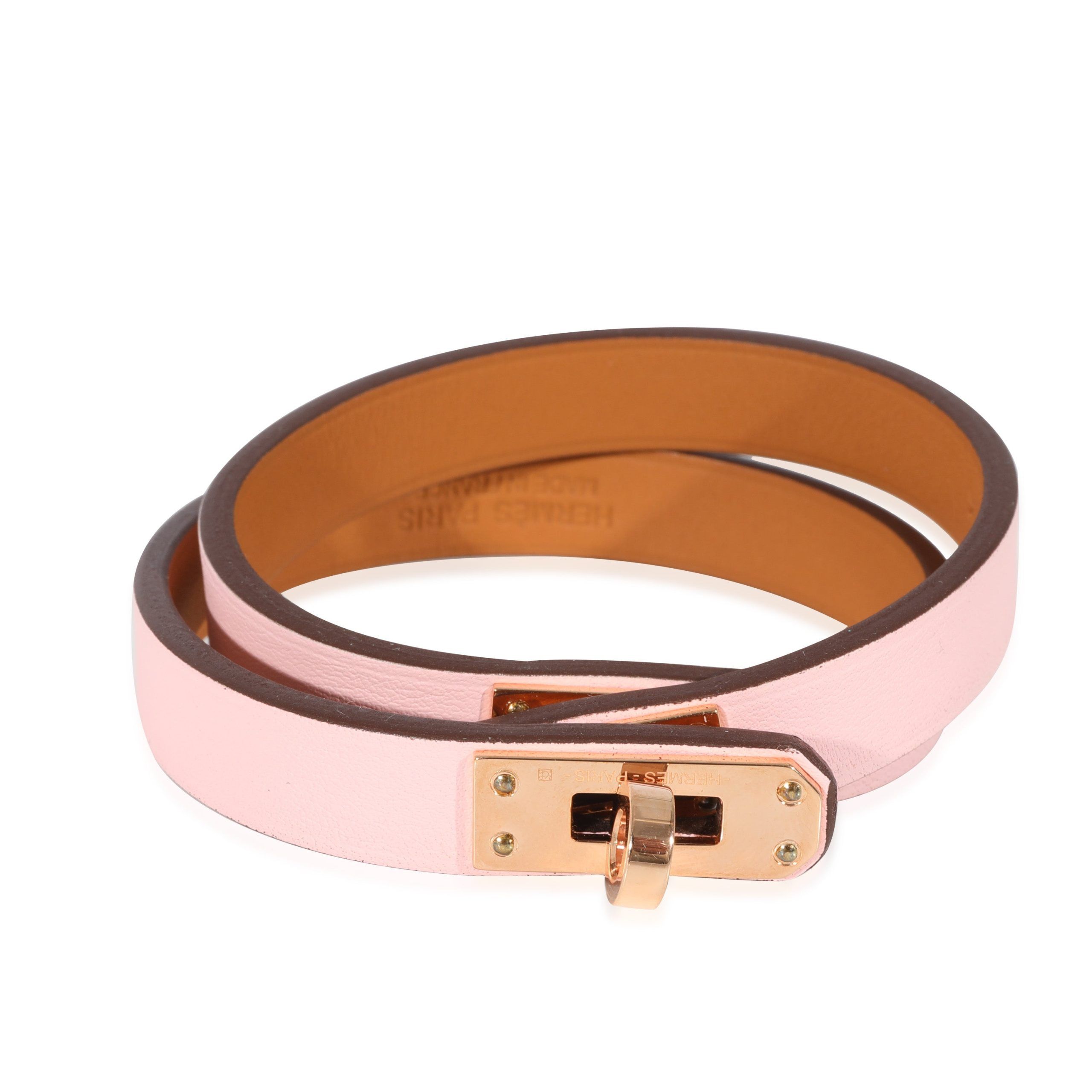 image of Hermes Mini Kelly Double Tour Pink Leather Bracelet in Gold, Women's