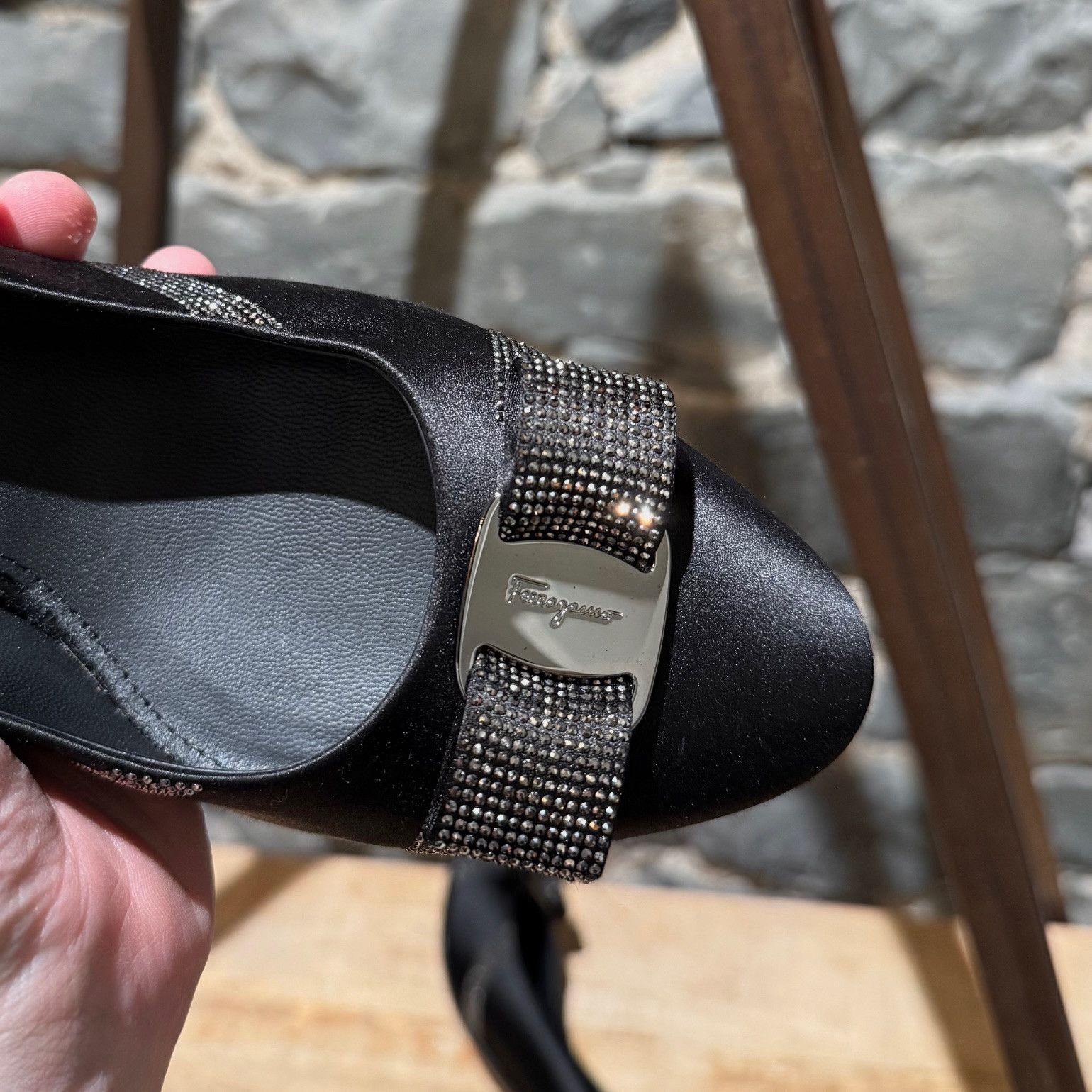 Salvatore Ferragamo Salvatore Ferragamo Black Satin Crystal Embellished Pumps Size US 9.5 / IT 39.5 - 10 Thumbnail