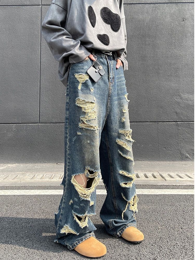 Japanese Brand Men's high street washed loose straight casual ripped jeans Size US 32 / EU 48 - 3 Thumbnail