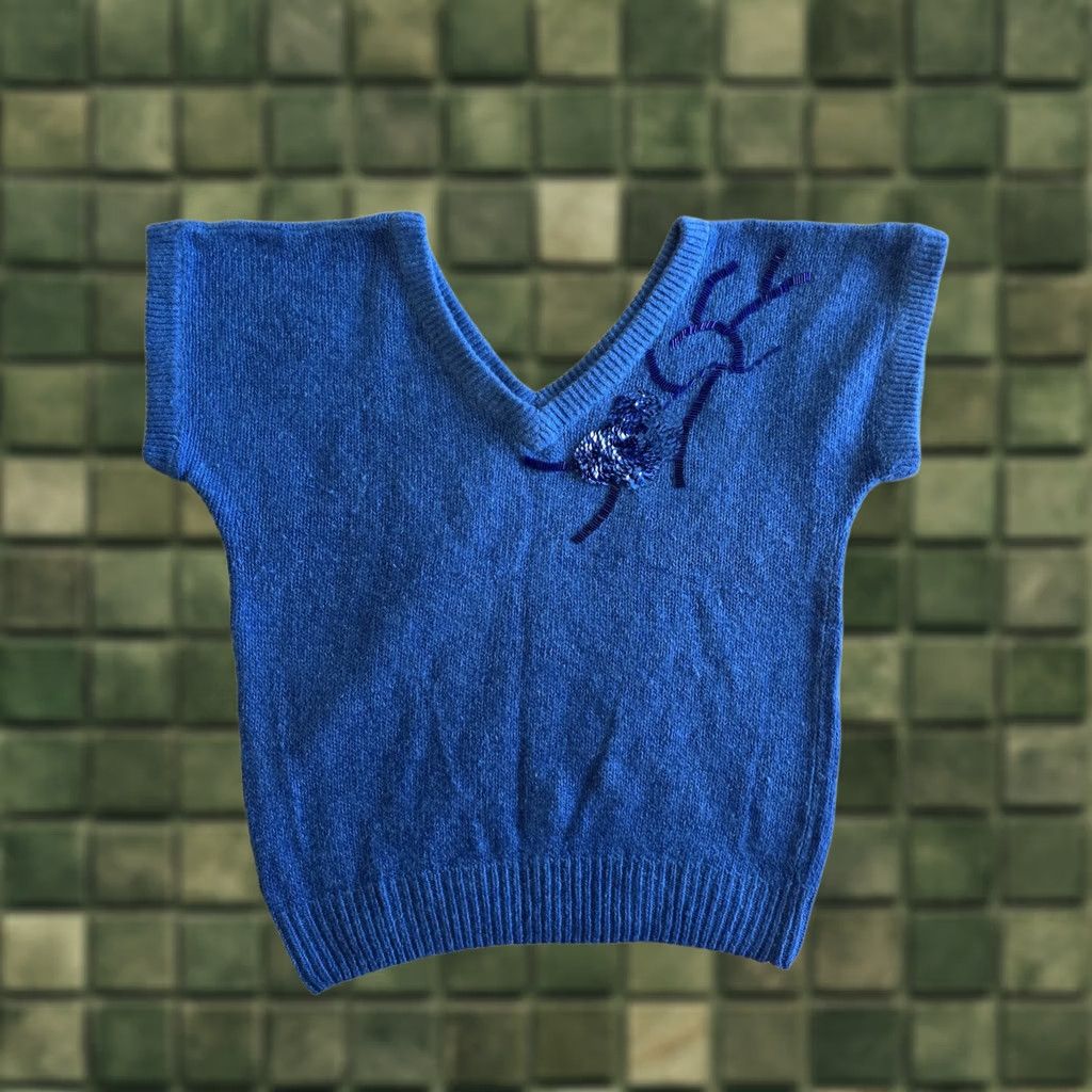Vintage VINTAGE 80s Sweater Blue Beaded Sequins Womens Small Medium Short Sleeve Wool Blend Party 1980s Beaded Sequins Size S / US 4 / IT 40 - 1 Thumbnail
