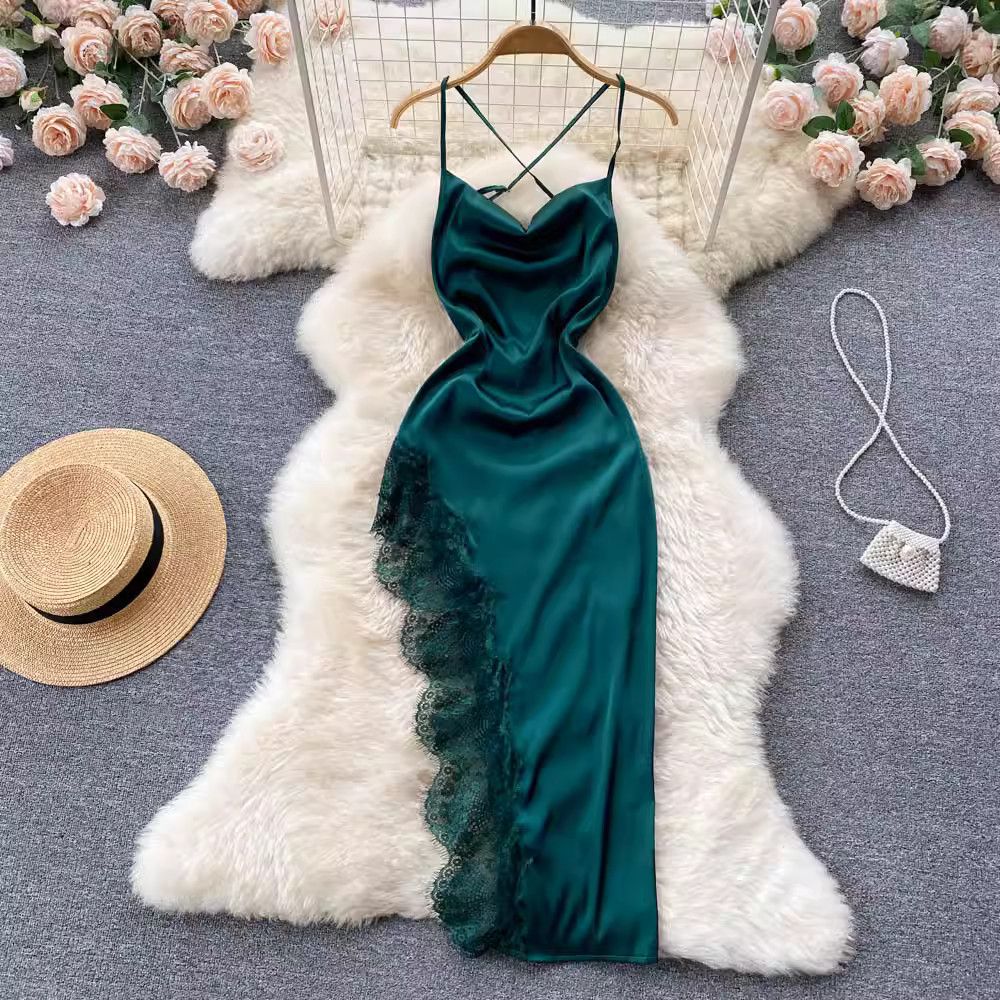 image of Vintage Sexy Satin Lace Split Halter Irregular Dress in Green, Women's (Size Medium)