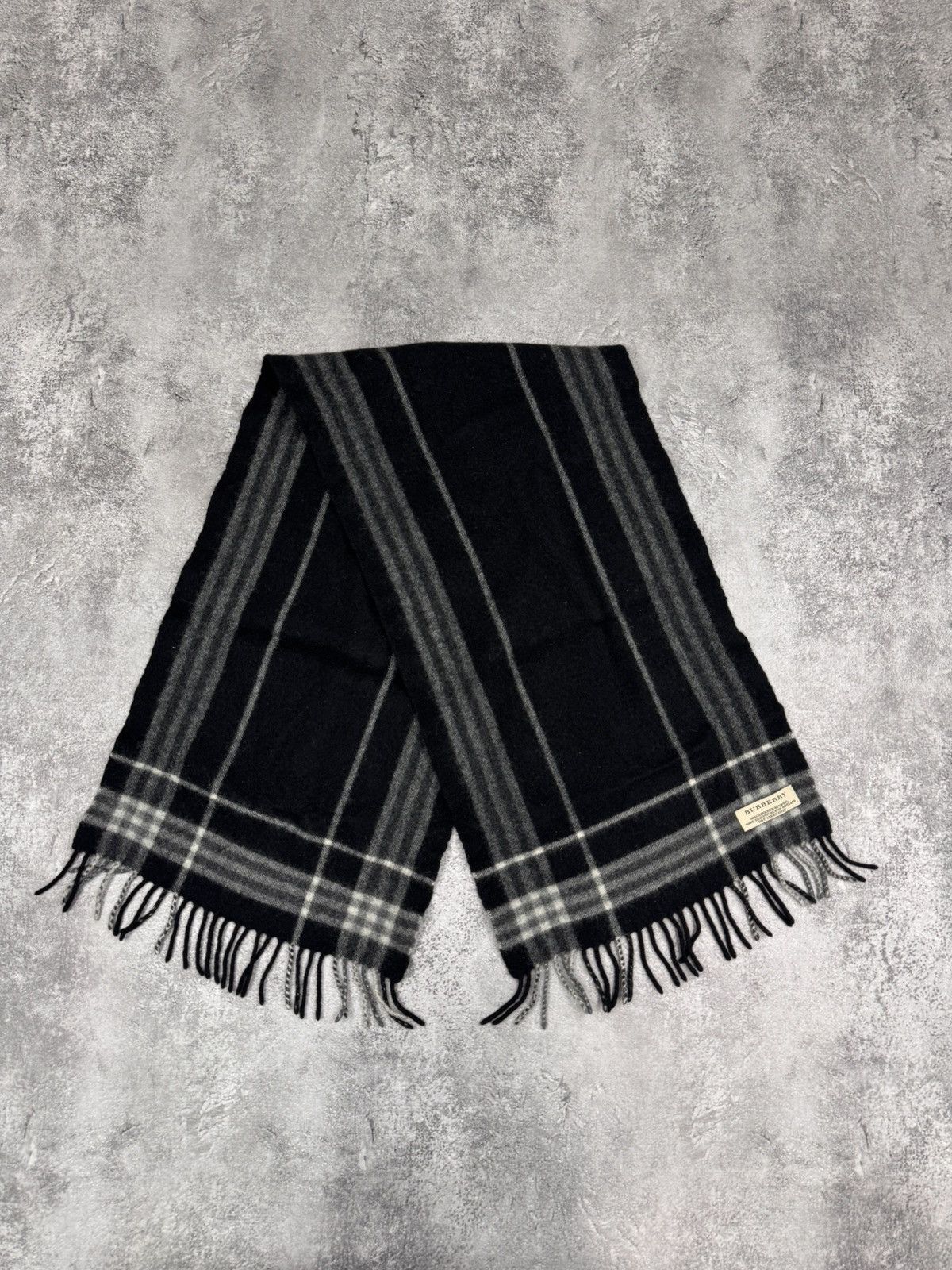 Burberry Men Cashmere Wool Scarf Black Grey Check Fringe