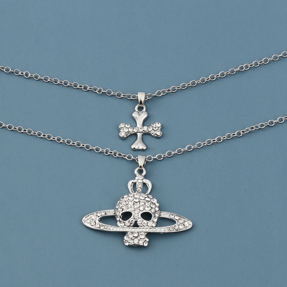 Jewelry Rhinestone Skull Cross Necklace Size ONE SIZE - 8 Thumbnail