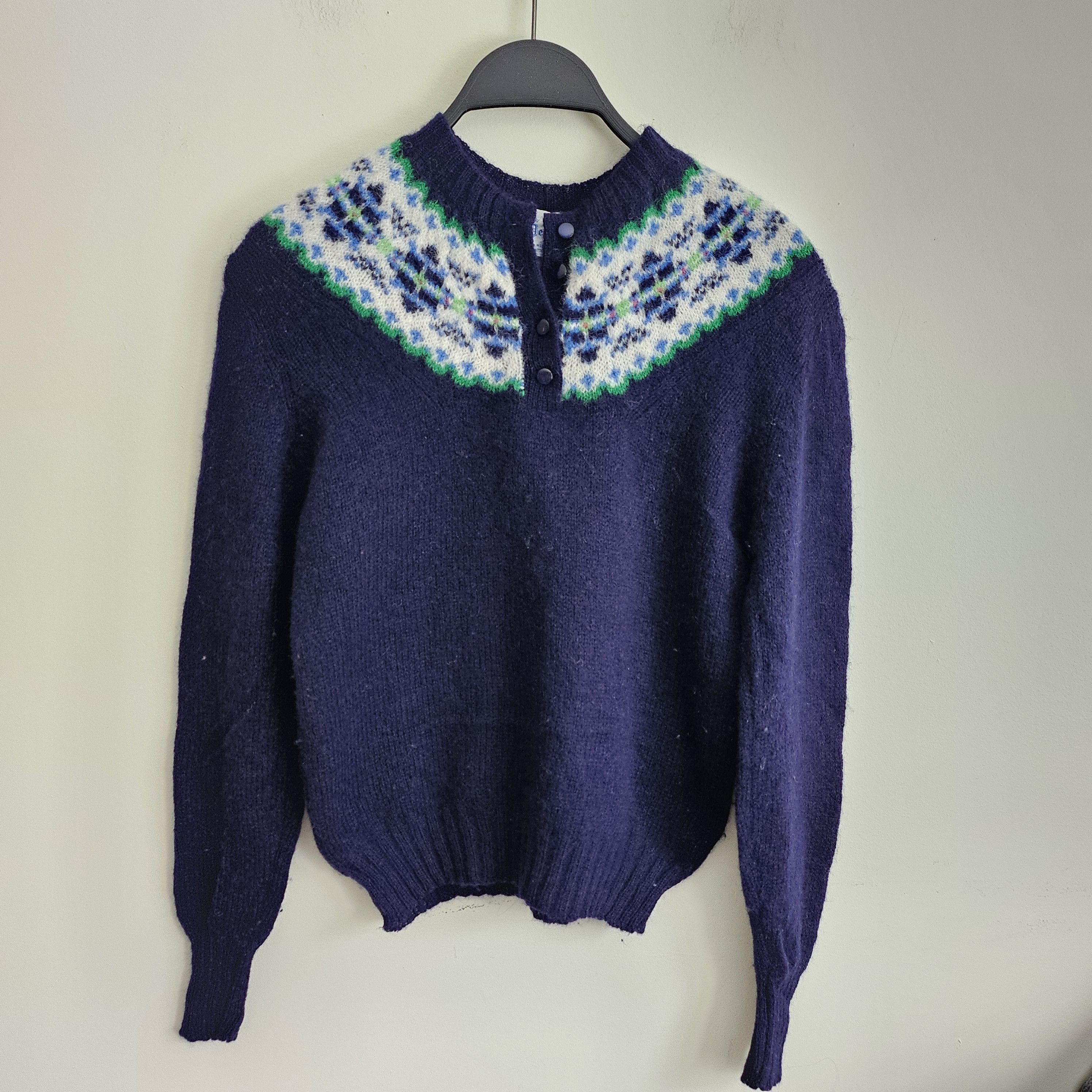 image of Vintage 70's Deans Of Scotland Shetland Wool Sweater Fair Isle in Navy, Women's (Size Small)