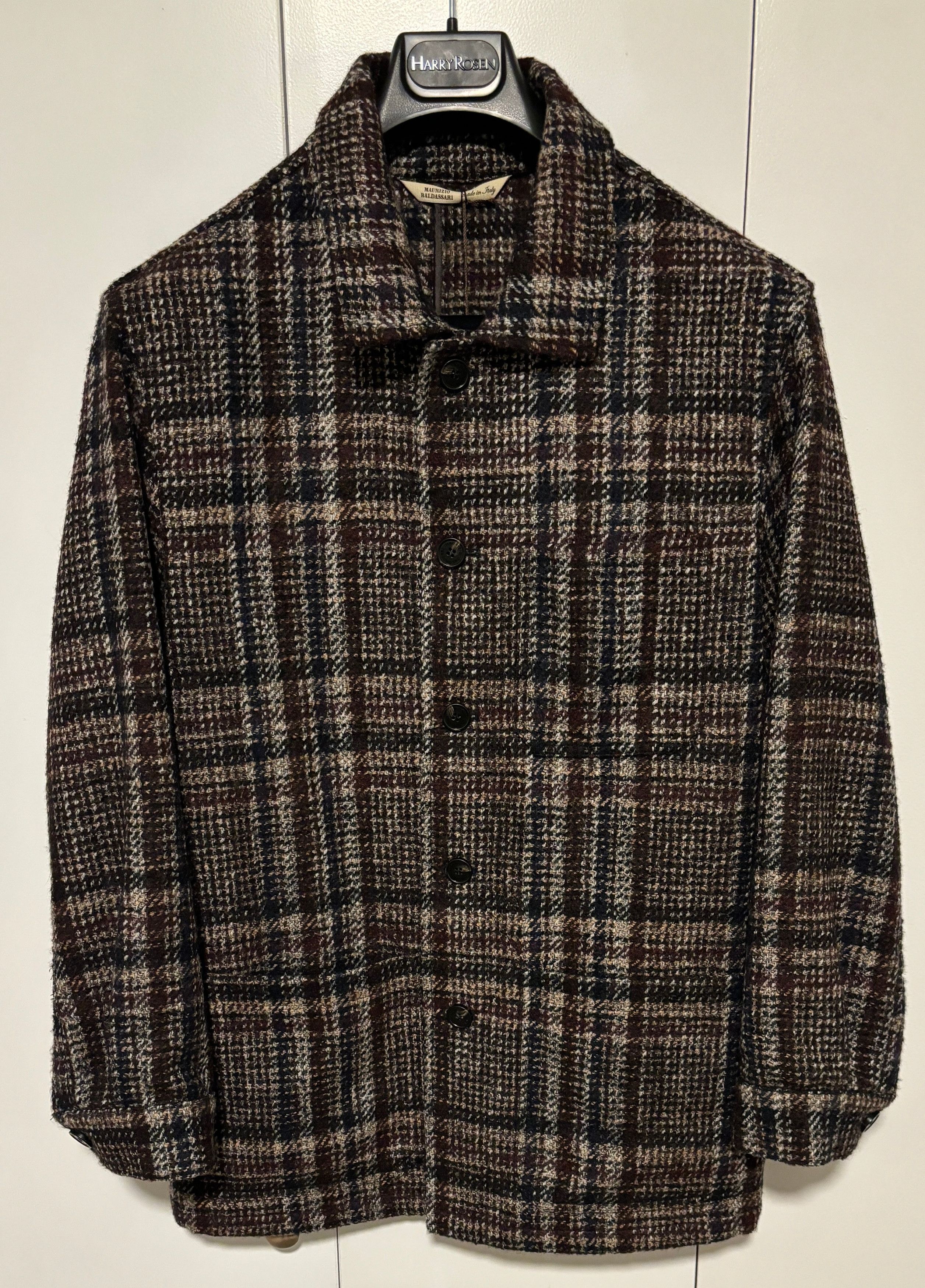 image of Italian Designers x Maurizio Baldassari $1700 Wool-Alpaca Plaid Chore Jacket S-M in Brown (Size Med